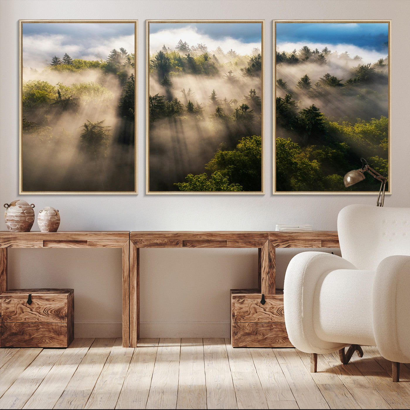 -Tranquil Forest Scene Wall Art Canvas Print – Framed Moody Sunbeam Through Trees Nature Artwork for Home Office