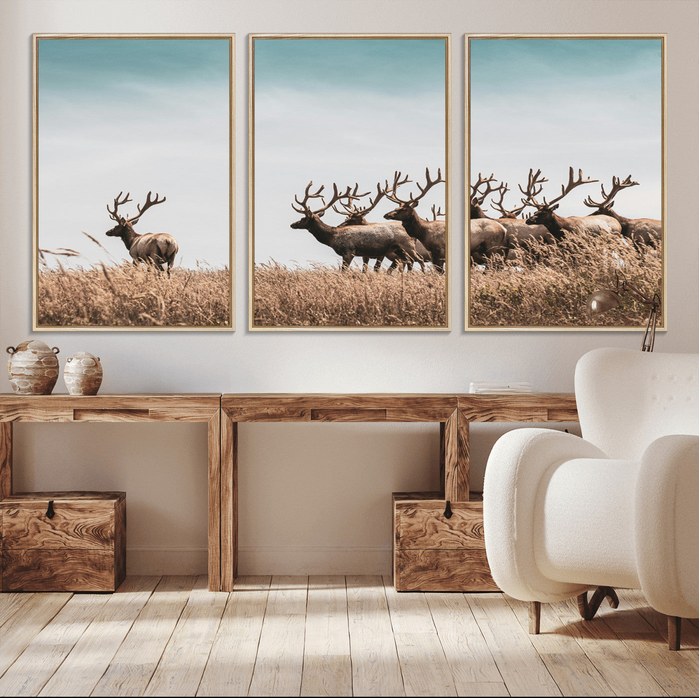 -Elk Herd Wall Art Canvas Print – Framed Wildlife Photography Rustic Nature Scene Artwork for Home, Office, Living Room