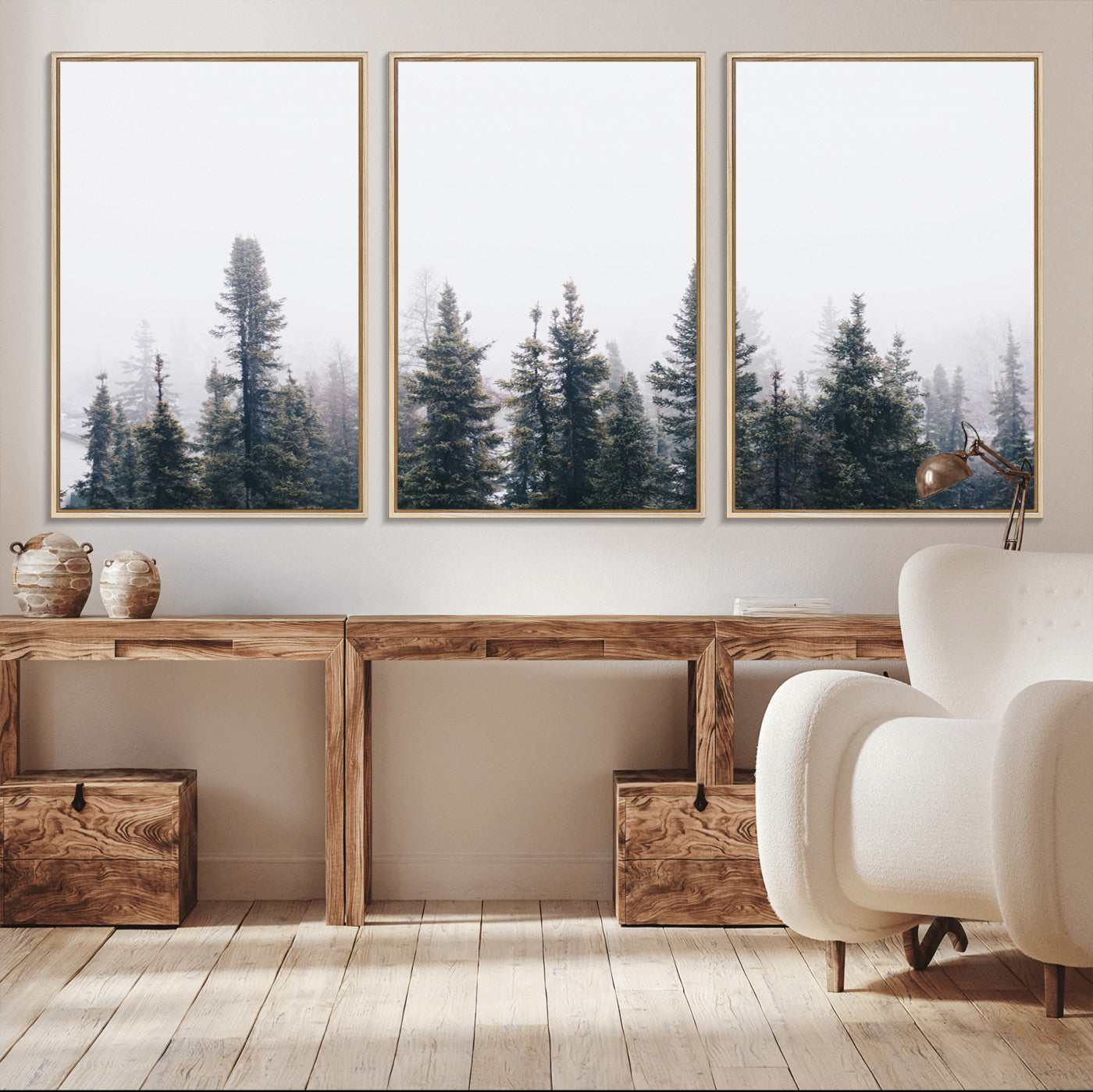 -Foggy Forest Wall Art Canvas Print – Framed Misty Pines Moody Woodland Nature Scene Artwork for Home Office