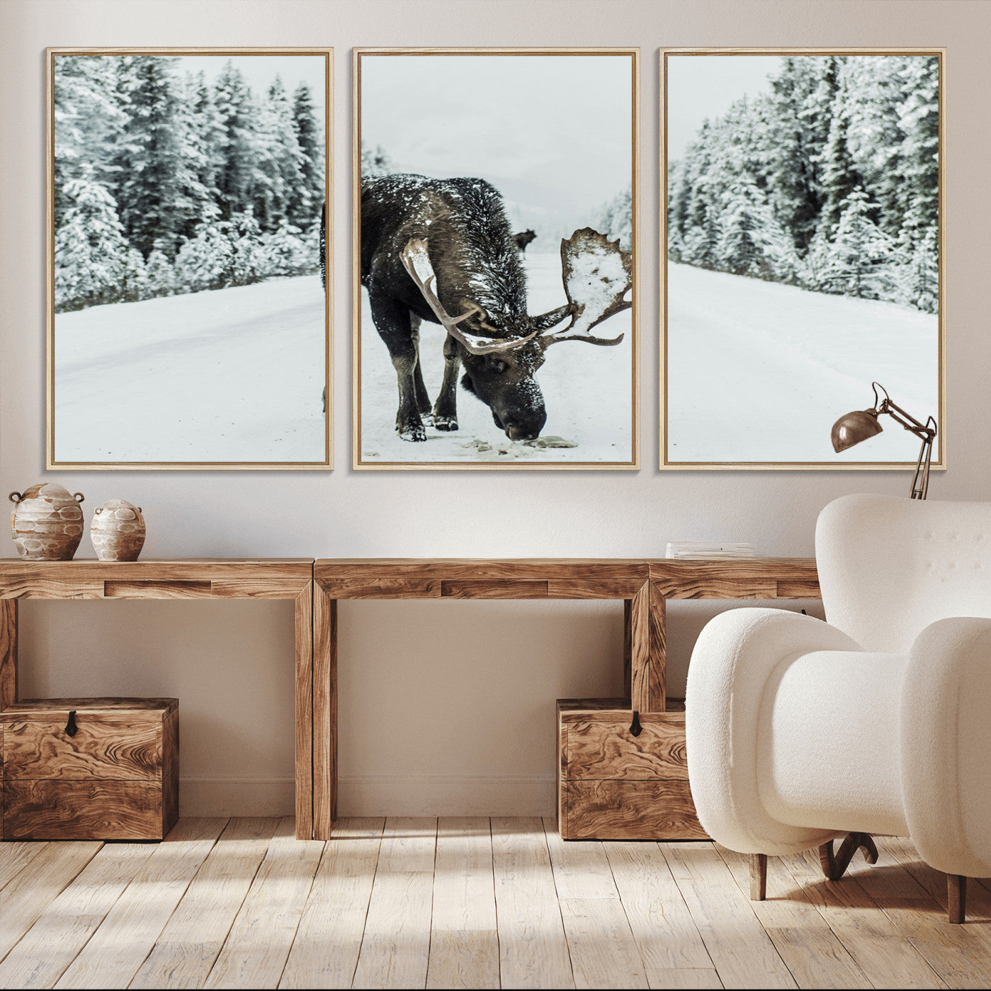 -Moose Snow Wall Art Canvas Print – Framed Winter Wildlife Snowy Forest Nature Scene Artwork for Home, Office, Living Room