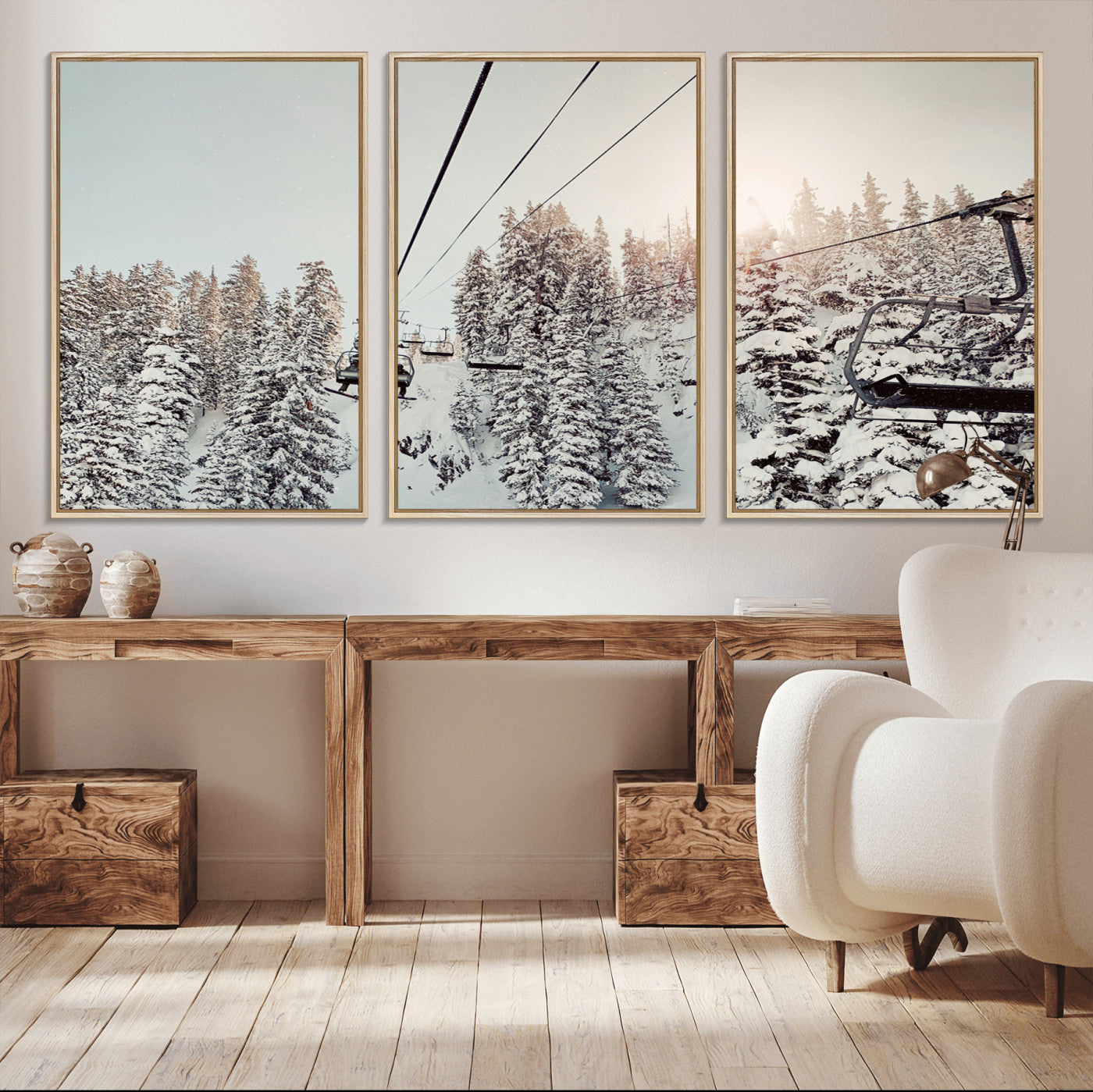 91534512-MGV-FC-60X30-3P_Natural-Frosty Pines Wall Art Canvas Print – Framed Cozy Cabin Ski Lift Ride Winter Scene Artwork for Home Office