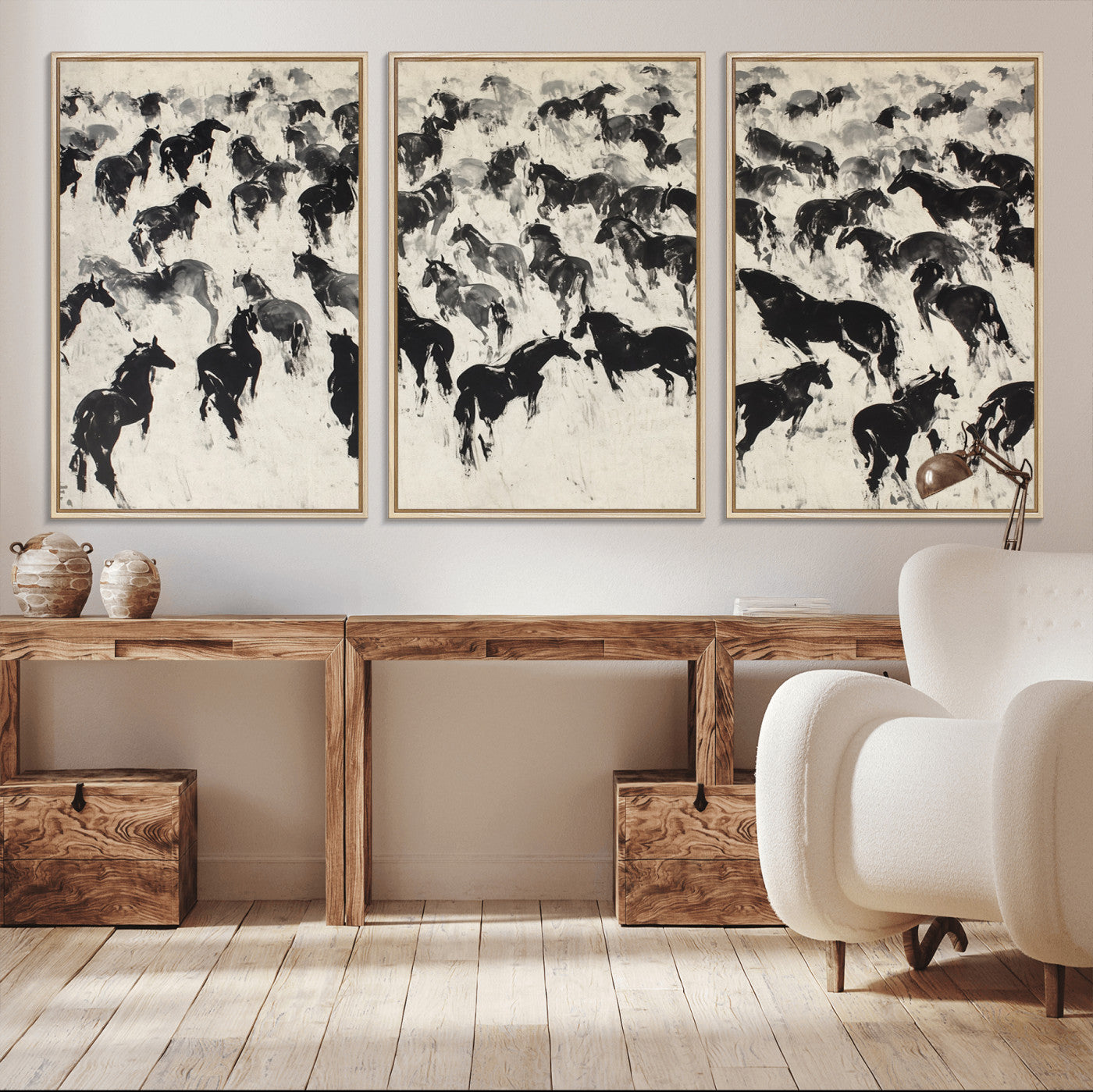 -Wild Horse Stampede Wall Art Canvas Print – Monochrome Running Horses Dynamic Motion Elegant Scene Artwork for Home, Office