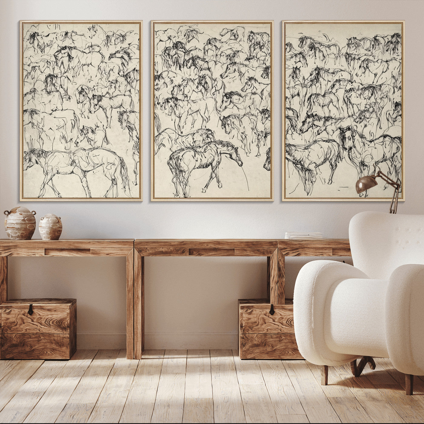 86653927-MGV-CV-36X24-Wild Horse Stampede Wall Art Canvas Print – Monochrome Running Horses Dynamic Motion Elegant Artwork for Home, Office