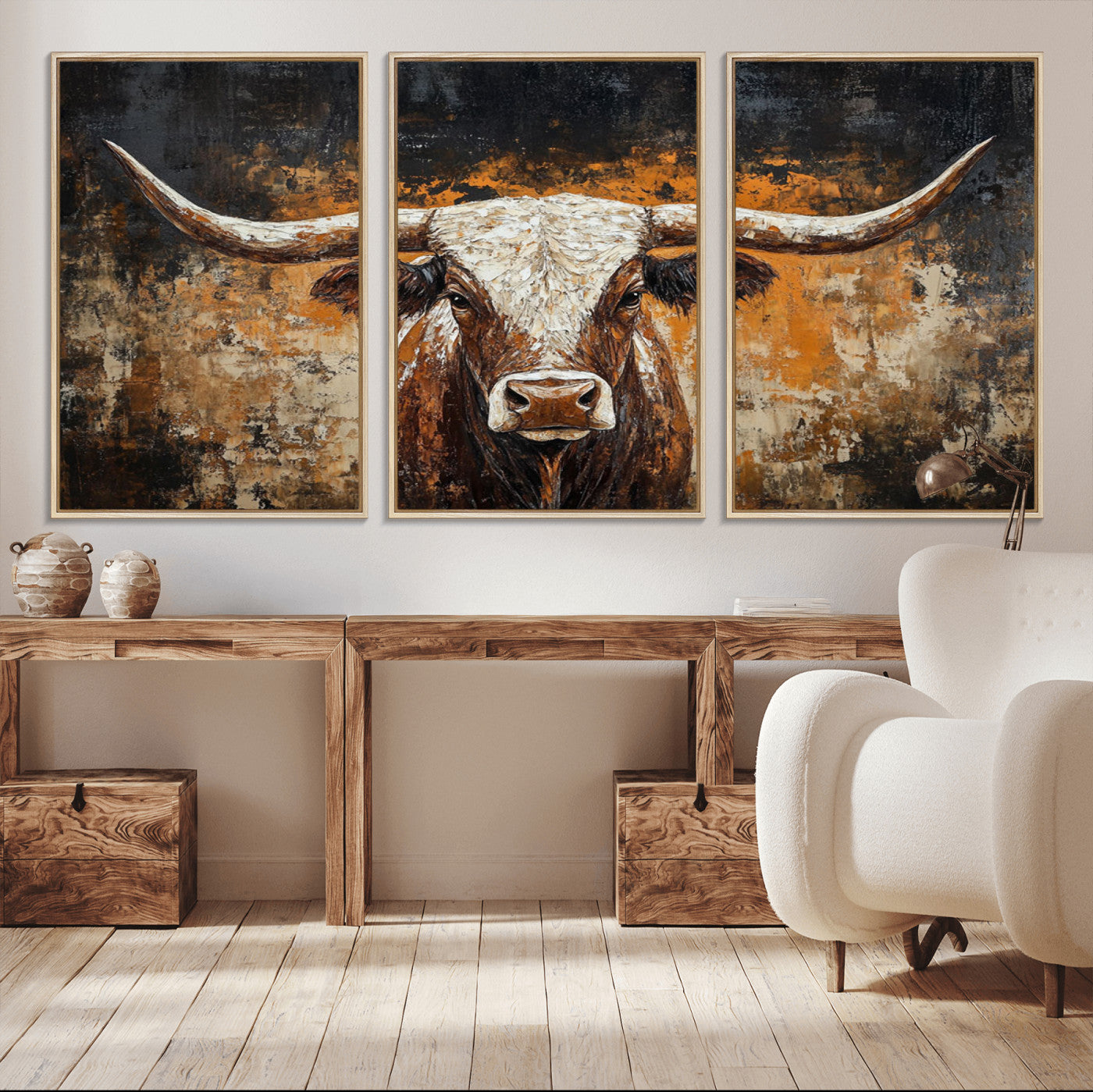 25265572-MGV-CV-36X24-Rustic Longhorn Bull Wall Art Canvas Print – Vintage Western Cattle Scene, Texas Steer Artwork for Home, Office