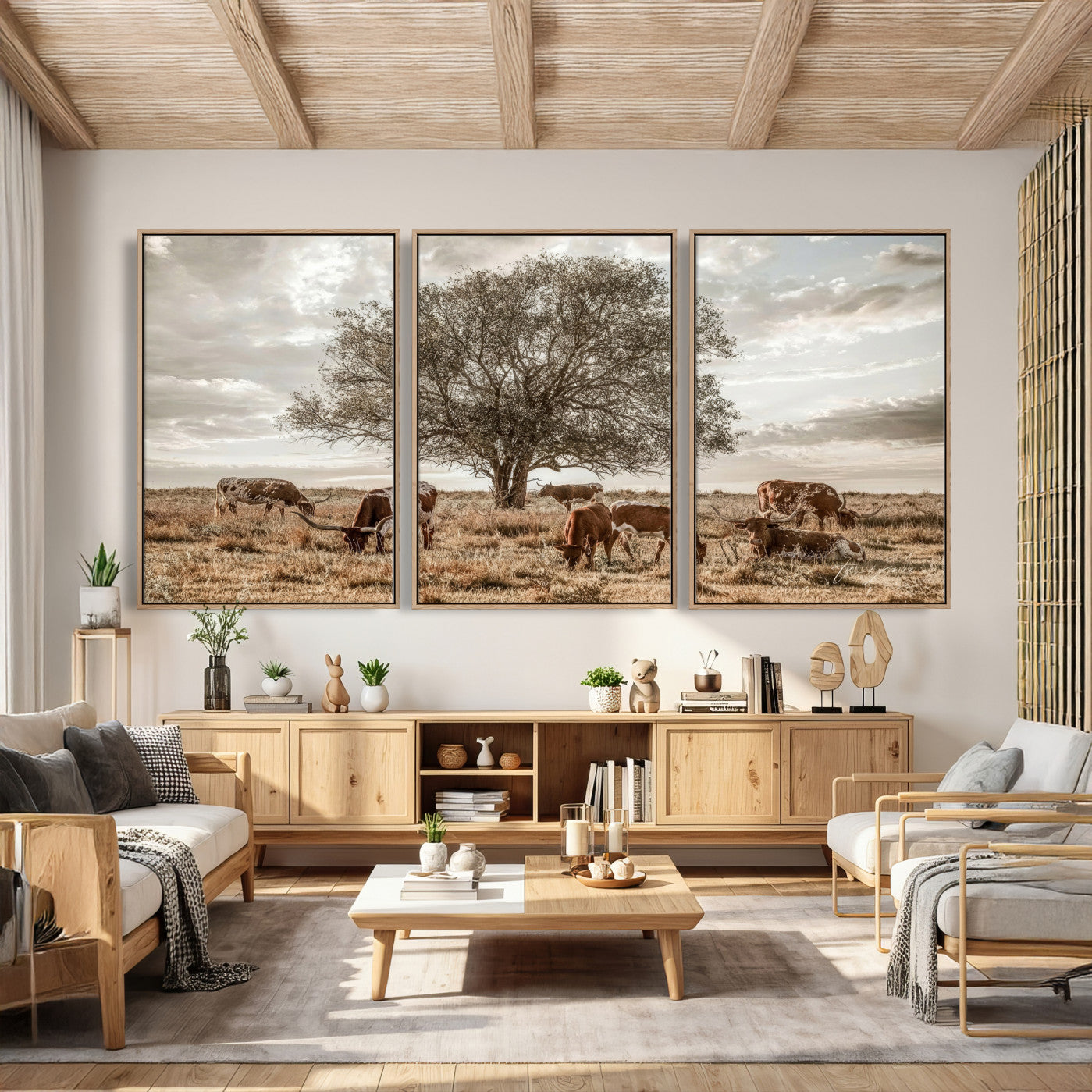 87590224-MGV-CV-36X24 - Texas Longhorn Cattle Wall Art Canvas Print – Rustic Western Ranch Scene with Steers at Sunset, Perfect for Farmhouse or Cowboy Decor