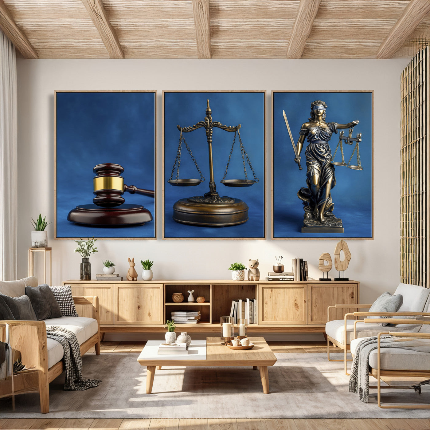 27565987-MGV-CV-60X30-3P - Legal Justice Wall Art Canvas – Gavel, Scales & Lady Justice with Courtroom Canvas Print for Law Office or Lawyer Gifts