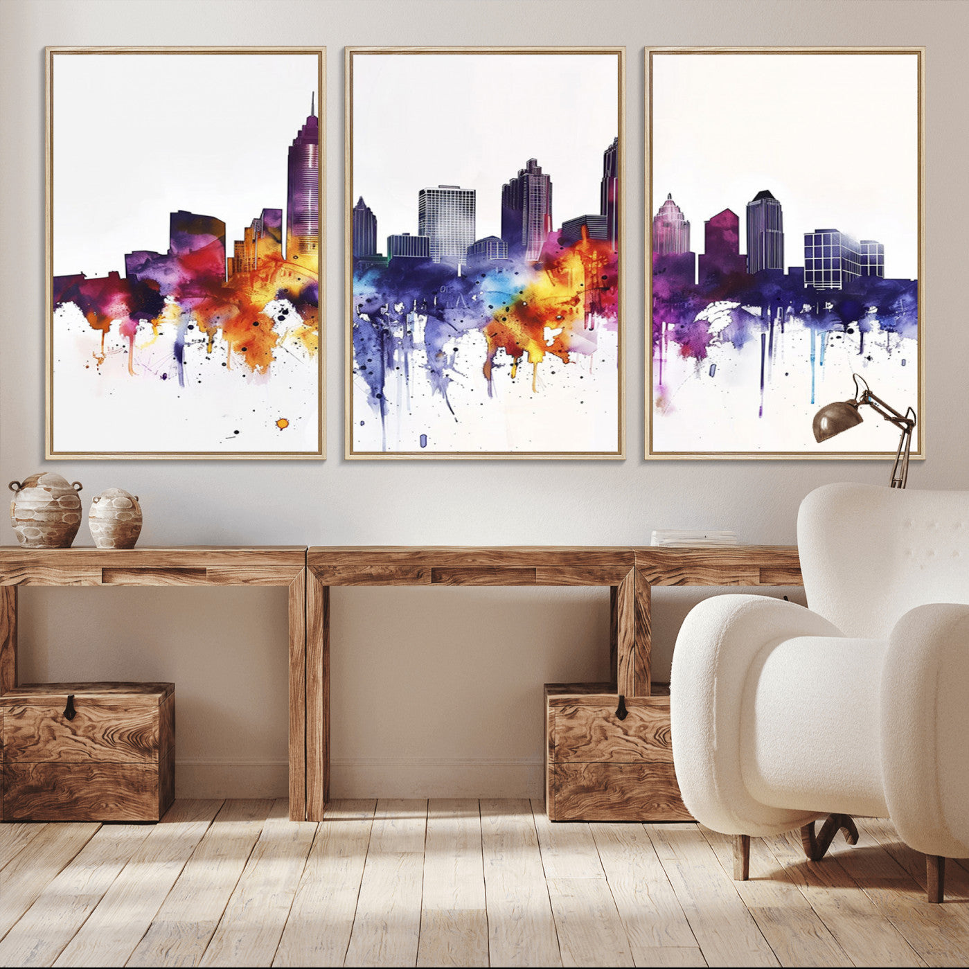 34479880-MGV-CV-36X24-Atlanta Skyline Wall Art Canvas Print – Framed Colorful Watercolor Cityscape Artwork for Home, Office, Living Room