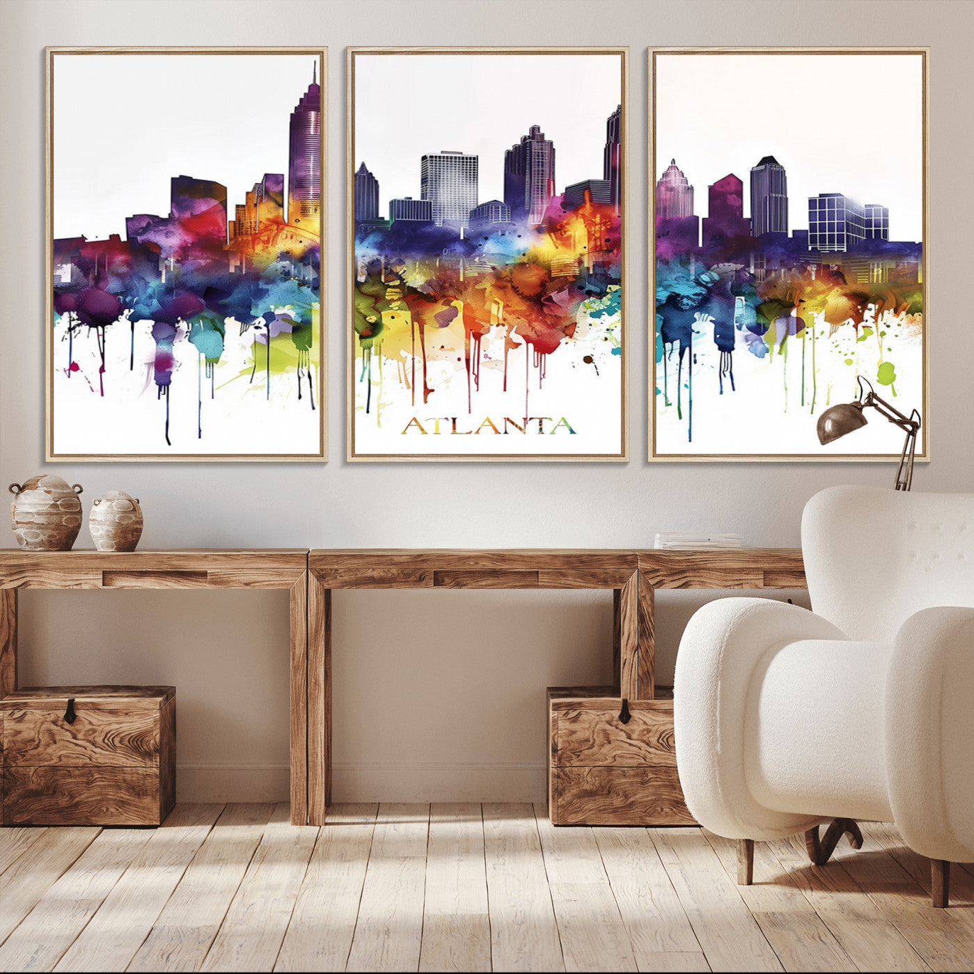 36048320-MGV-FC-60X30-3P_Natural-Atlanta Skyline Wall Art Canvas Print – Framed Colorful Watercolor Cityscape Abstract Urban Artwork for Home, Office