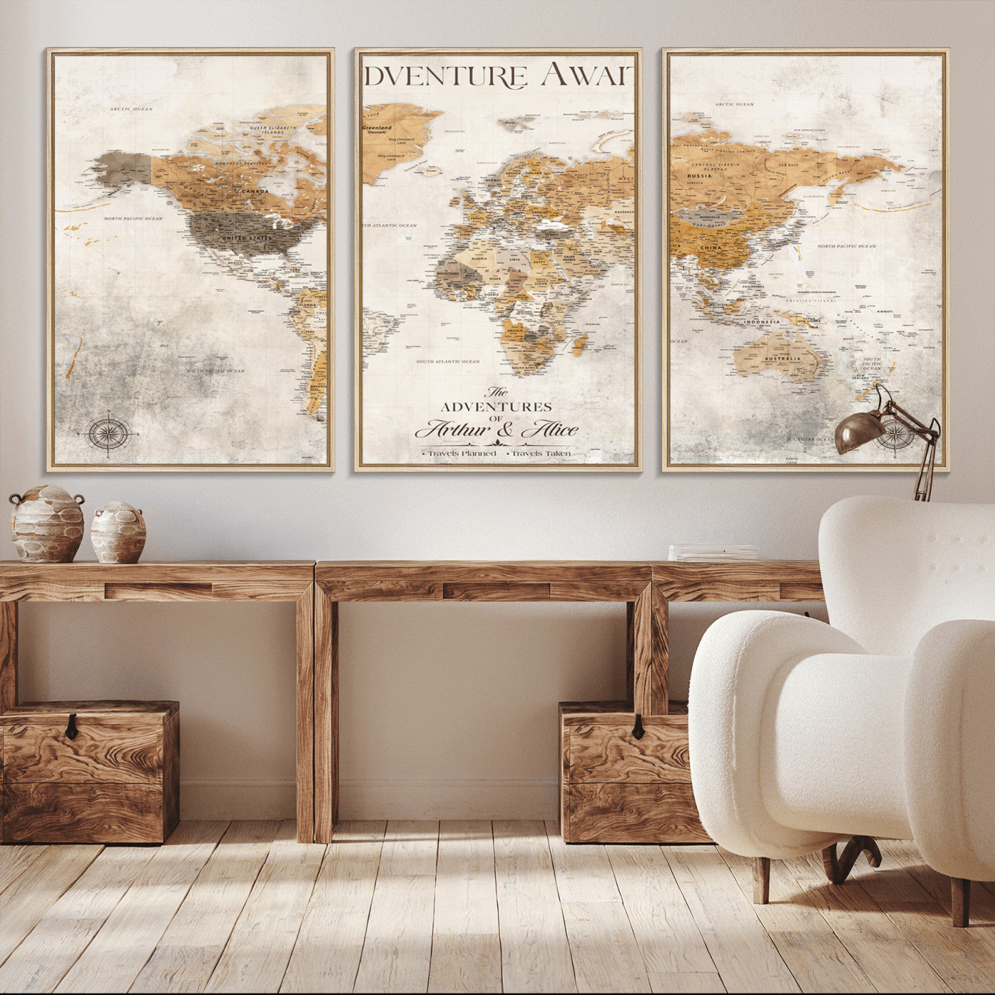 Rehber01-MGV-CV-36X24-Personalized World Map Canvas Print – Custom Push Pin Travel Map Vintage Neutral Style Gift for Couples Travelers for Home Office