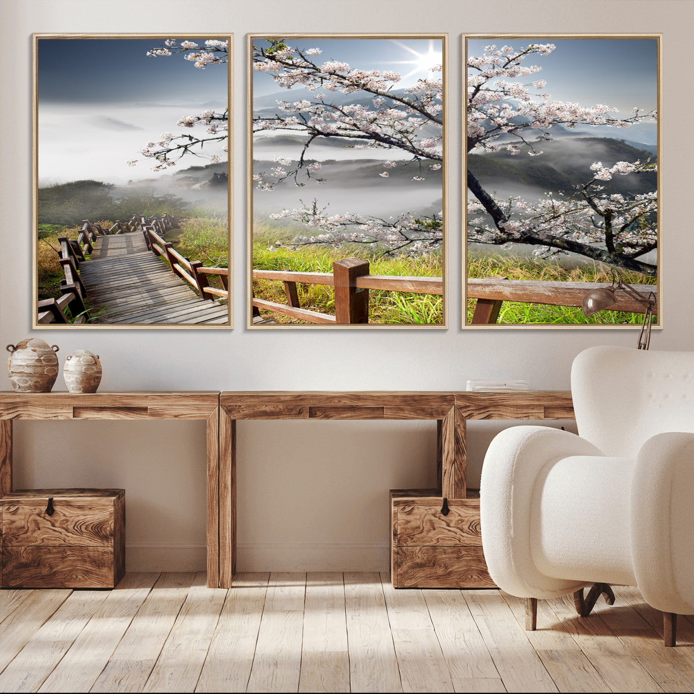 -Sakura Cherry Blossom Pathway Canvas Wall Art – Tranquil Walk Through Blossoming Nature – Ready to