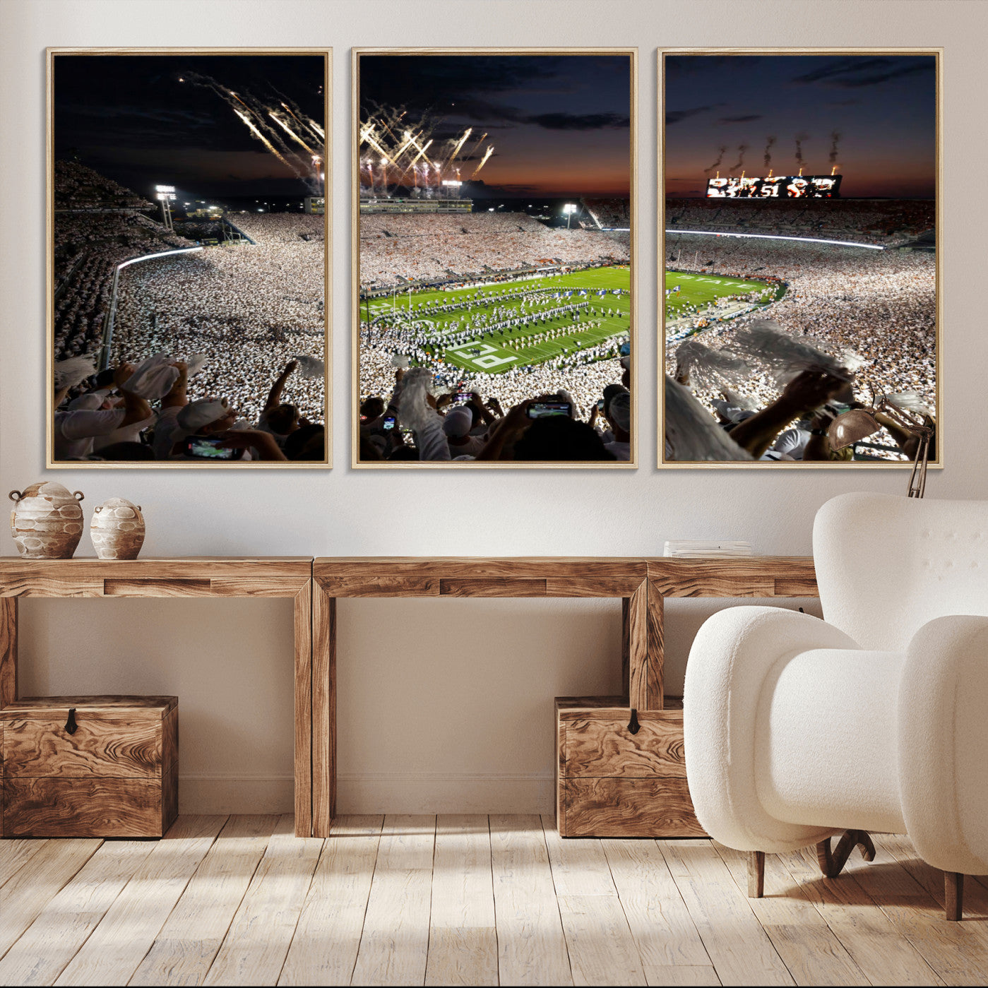 Penn State Stadium Wall Art Print, White Out Football Game Canvas Wall Art, Framed Sports Stadium, Large College Football Canvas Print for Game Room - Man Cave + 555