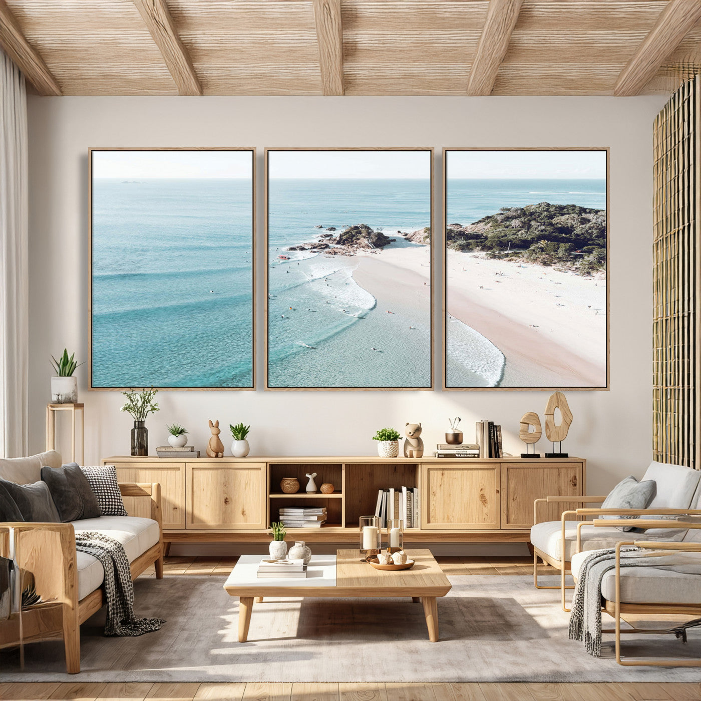 79395467-MGV-CV-36X24 - Aerial Beach Wall Art Canvas Print, Coastal Ocean Waves and Surfers Scenic Seaside Artwork for Home, Office Decor