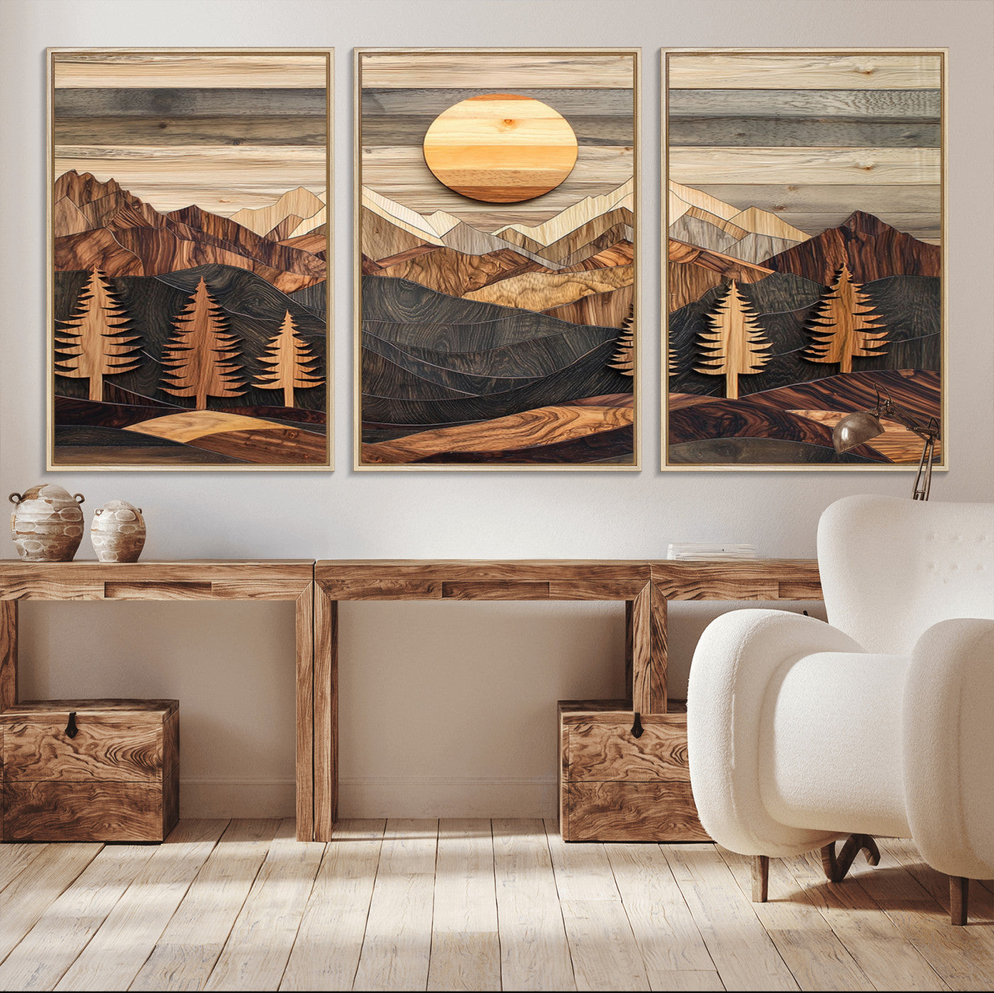19832326-MGV-FC-60X30-3P - Wooden Mountain Landscape Layered Texture Geometric Shapes Sun Pine Trees Rustic Natural Tones Art