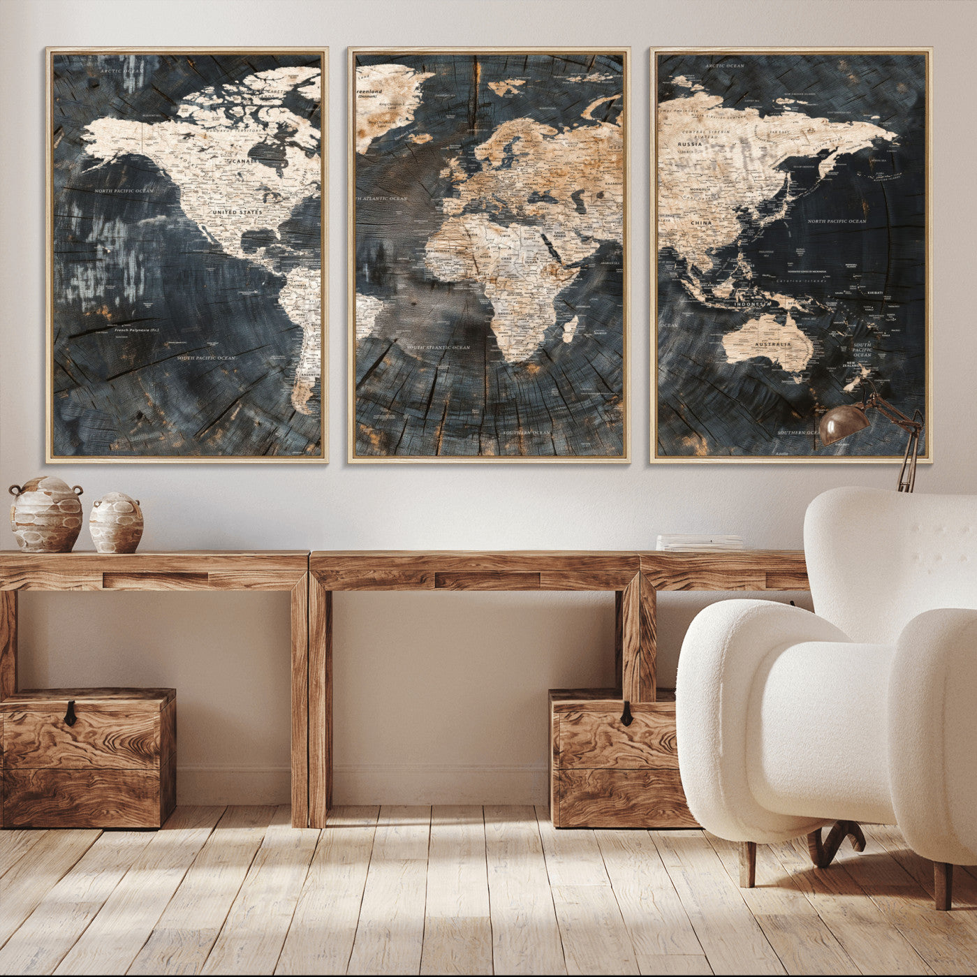 57626704-MGV-FC-60X30-3P - World Map Wall Art Canvas Print, Modern Decorative Framed Map Artwork Prints for Living Room, Office, Bedroom Wall Decor