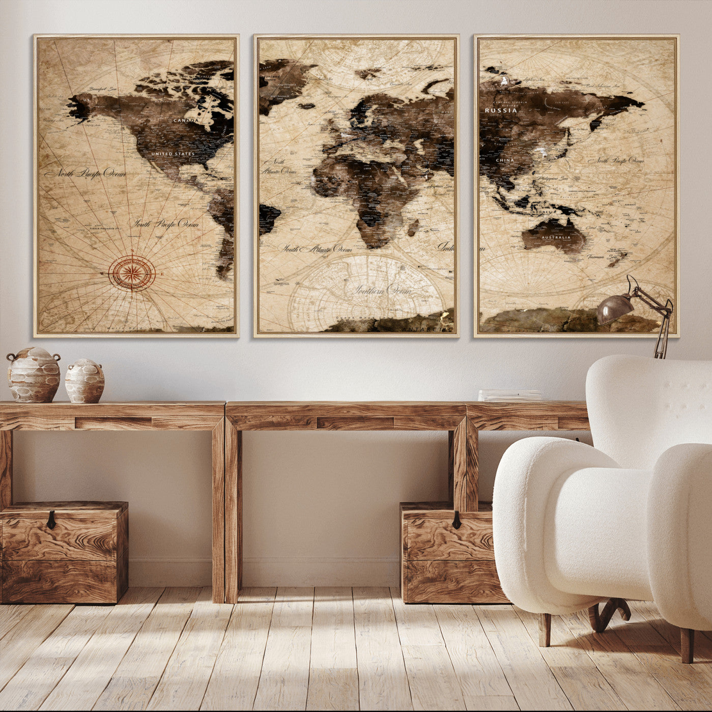 97114757-MGV-FC-60X30-3P - World Map Wall Art Canvas Print, Modern Decorative Framed Map Artwork Prints for Living Room, Office, Bedroom Wall Decor