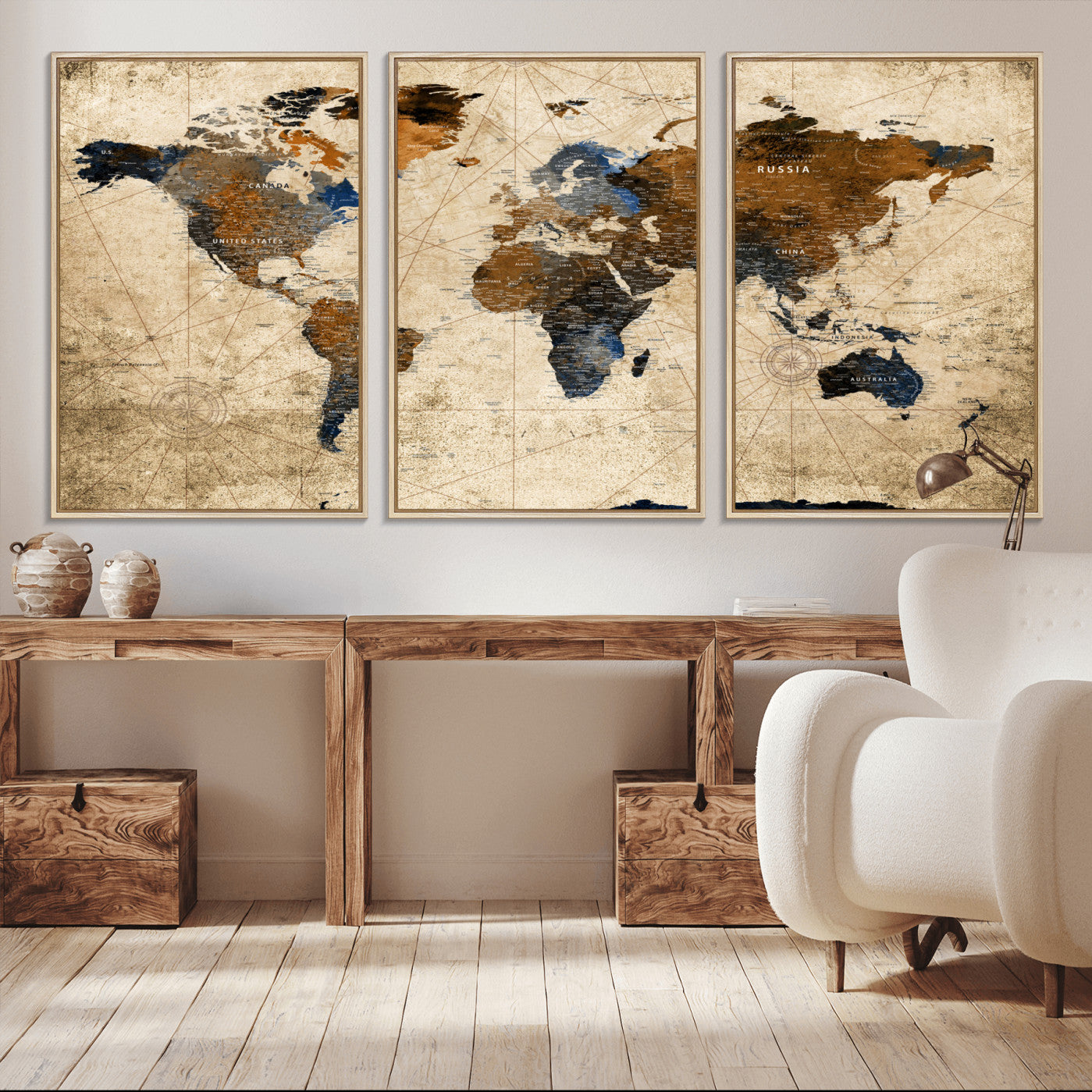 56297284-MGV-FC-60X30-3P - World Map Wall Art Canvas Print, Modern Decorative Framed Map Artwork Prints for Living Room, Office, Bedroom Wall Decor