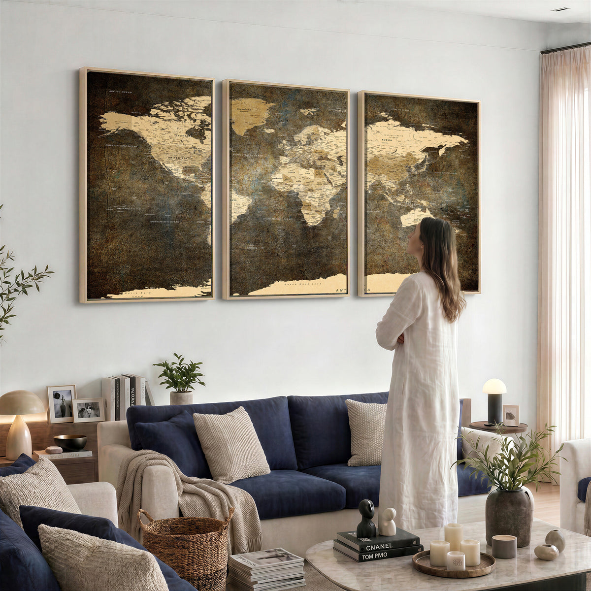89742472-MGV-CV-36X24 - Large Framed Vintage World Map Wall Art Print for Home Wall