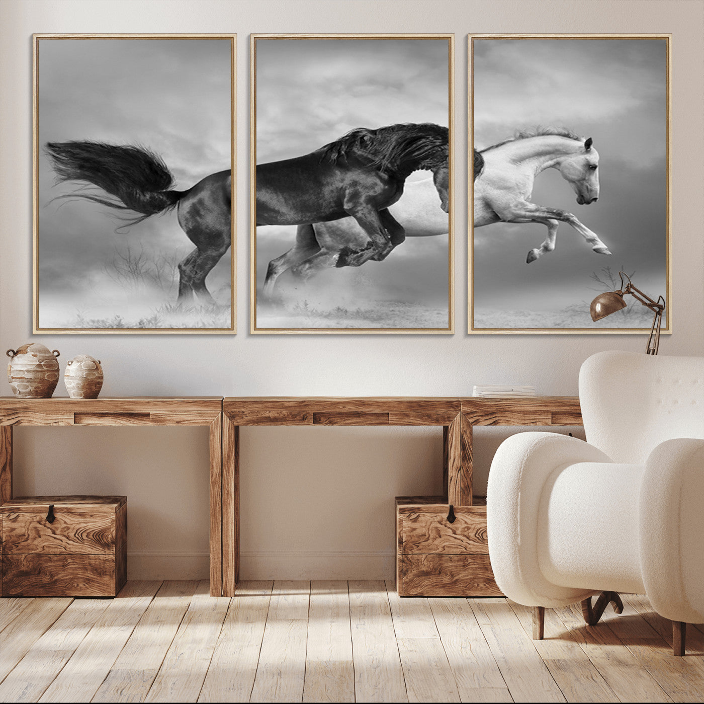 -Wild Horses Wall Art Canvas Print – Framed Black and White Galloping Horses Dynamic Animal Artwork for Home, Office