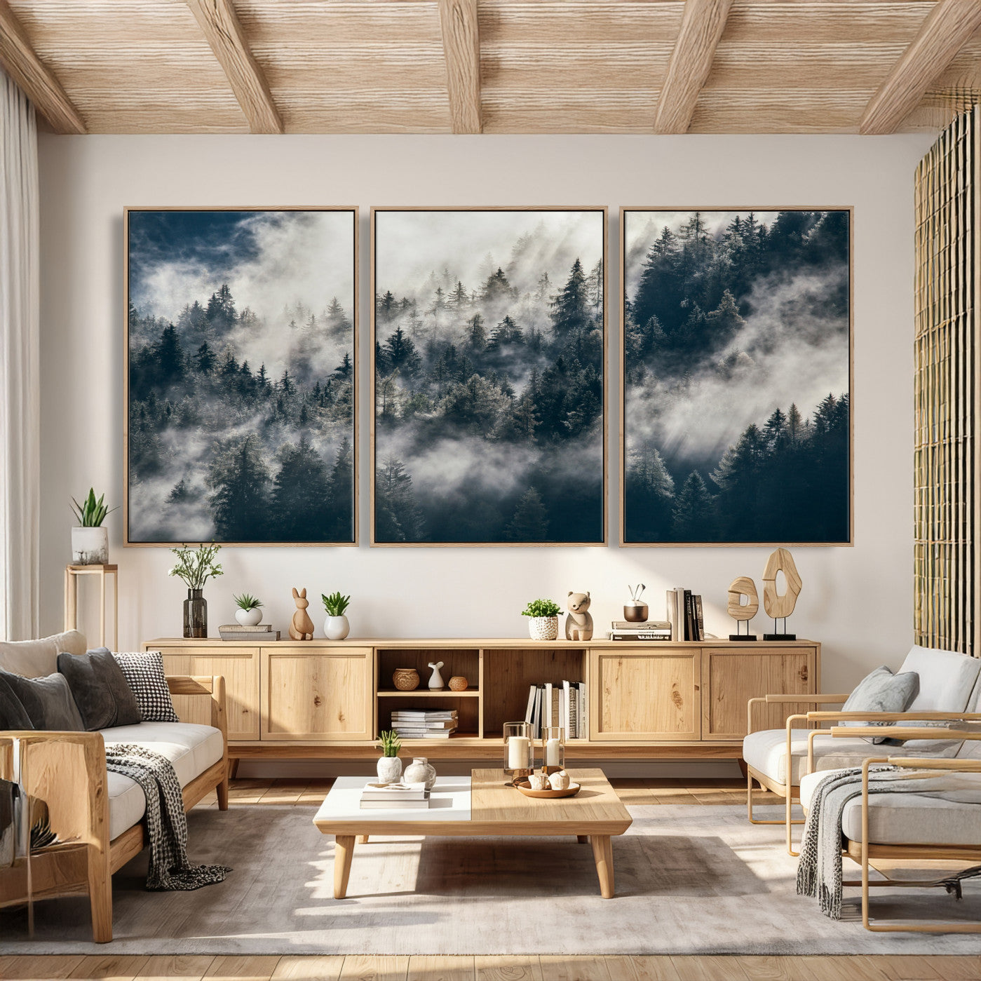 63405824-MGV-CV-36X24 - Foggy Mountain Forest Canvas Print, Misty Pine Trees Nature Wall Art, Framed Canvas Ready to Hang