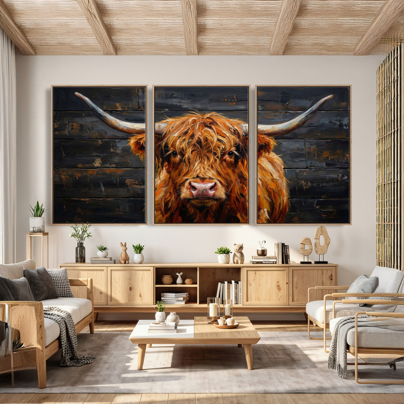 32536611-MGV-CV-36X24 - Highland Cow Wall Art Canvas Print, Rustic Farm Animal Painting, Framed Wall Art Ready to Hang