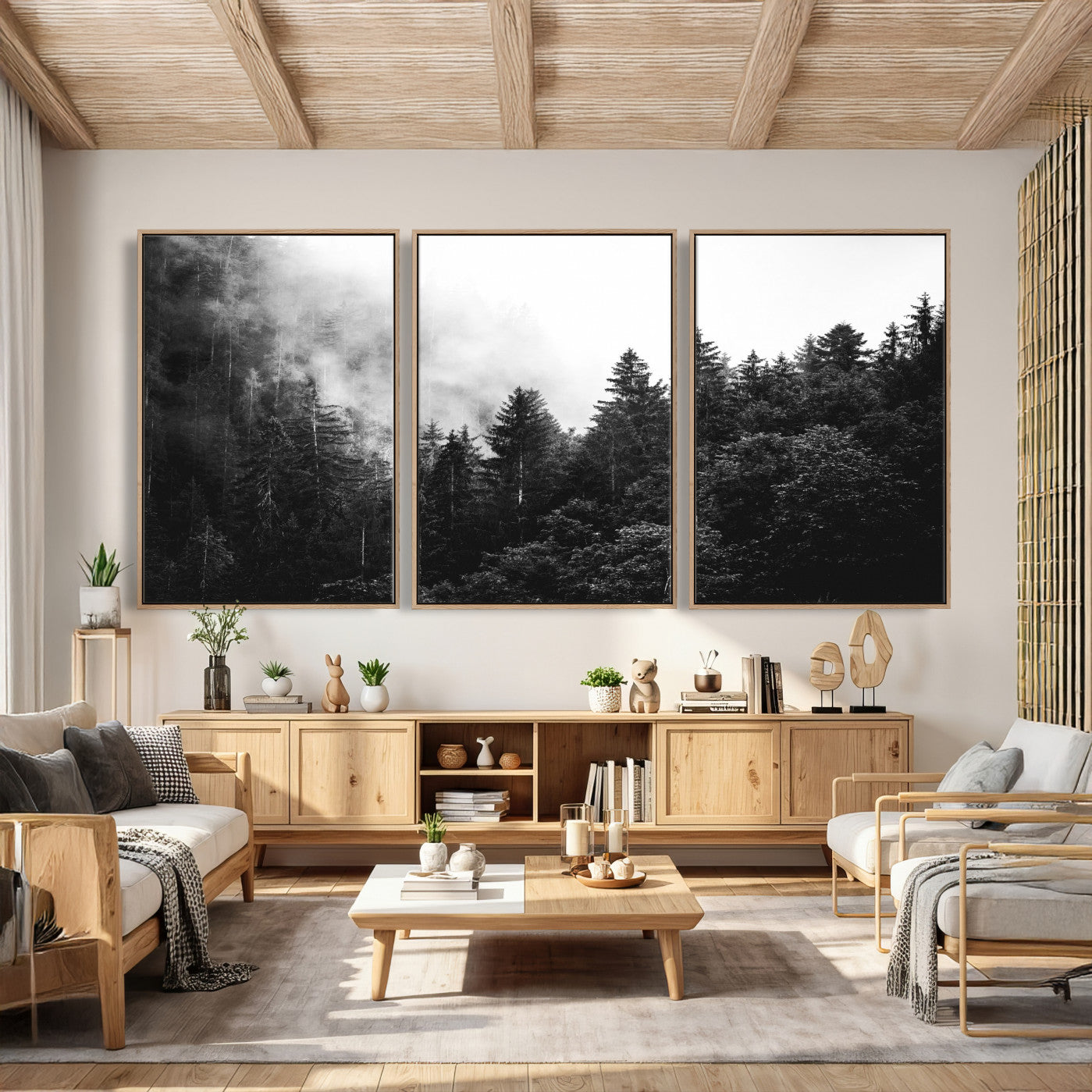 98764151-MGV-CV-36X24 - Black and White Forest Wall Art Canvas Print, Misty Pine Tree Landscape Photography, Framed Wall Art Ready to Hang