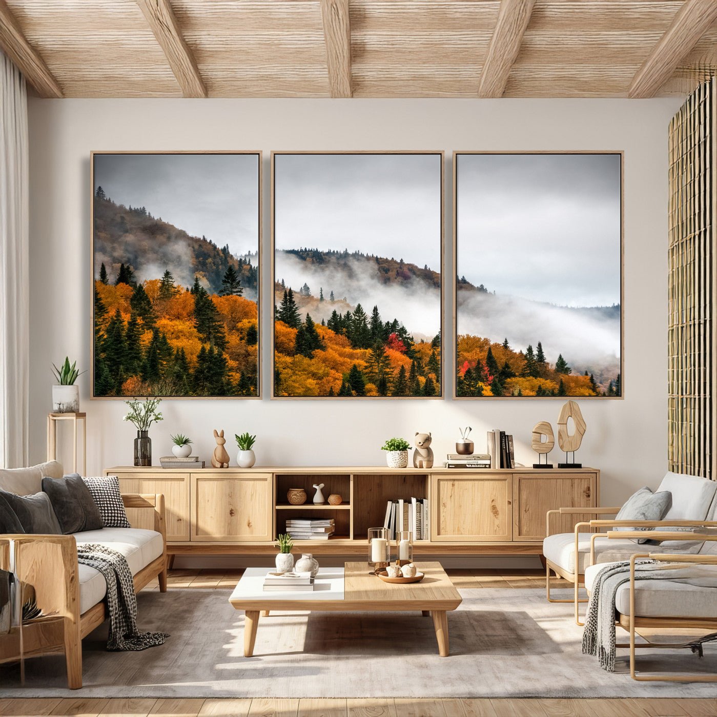 93581632-MGV-CV-36X24 - Autumn Forest Wall Art Canvas Print, Foggy Mountain Landscape Nature Photography, Framed Wall Art Ready to Hang