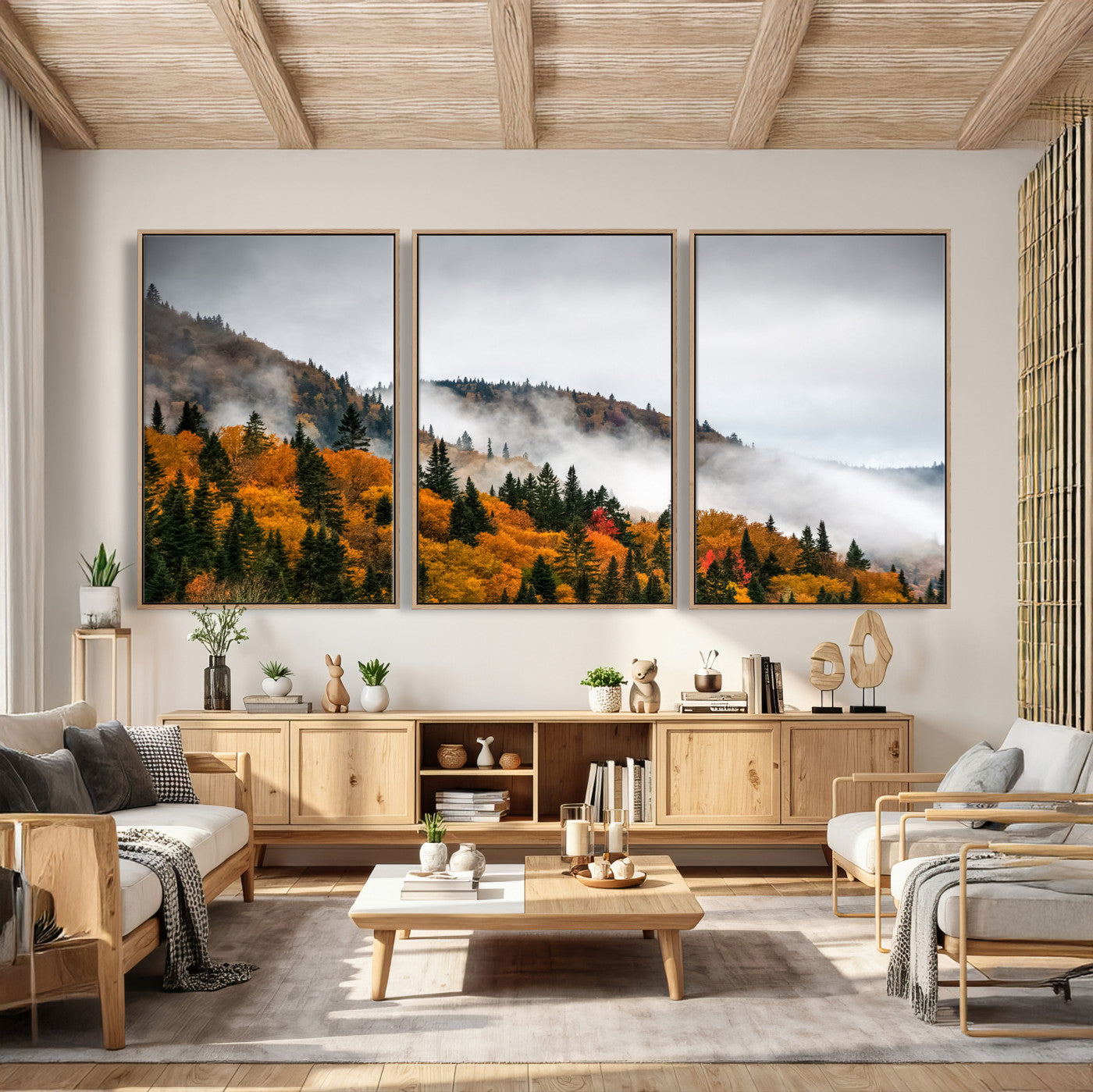 93581632-MGV-CV-36X24 - Autumn Forest Wall Art Canvas Print, Foggy Mountain Landscape Nature Photography, Framed Wall Art Ready to Hang