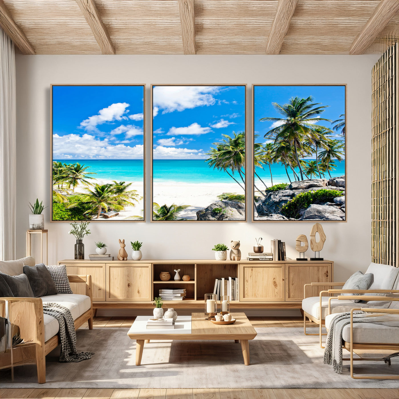 29232878-MGV-CV-36X24 - Barbados Beach Wall Art Canvas Print, Palm Tree Ocean Landscape, Turquoise Sea Coastal Photography, Tropical Island Wall Decor, Framed Ready to Hang