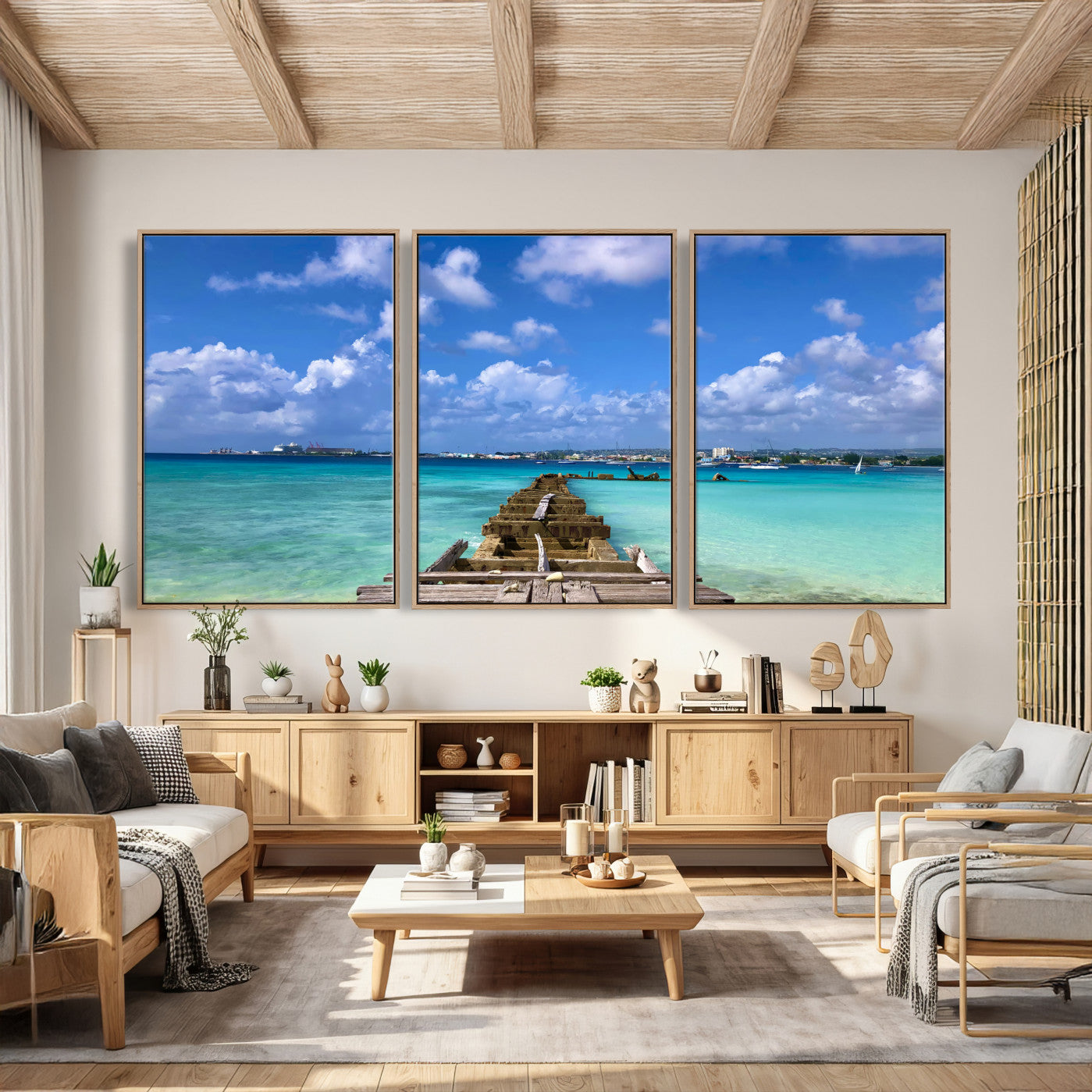 43165024-MGV-CV-36X24 - Caribbean Ocean Pier Seascape Wall Art Canvas Print, Turquoise Sea Tropical Harbor Canvas Print, Island Coastal Blue Water Scenic Art Printing