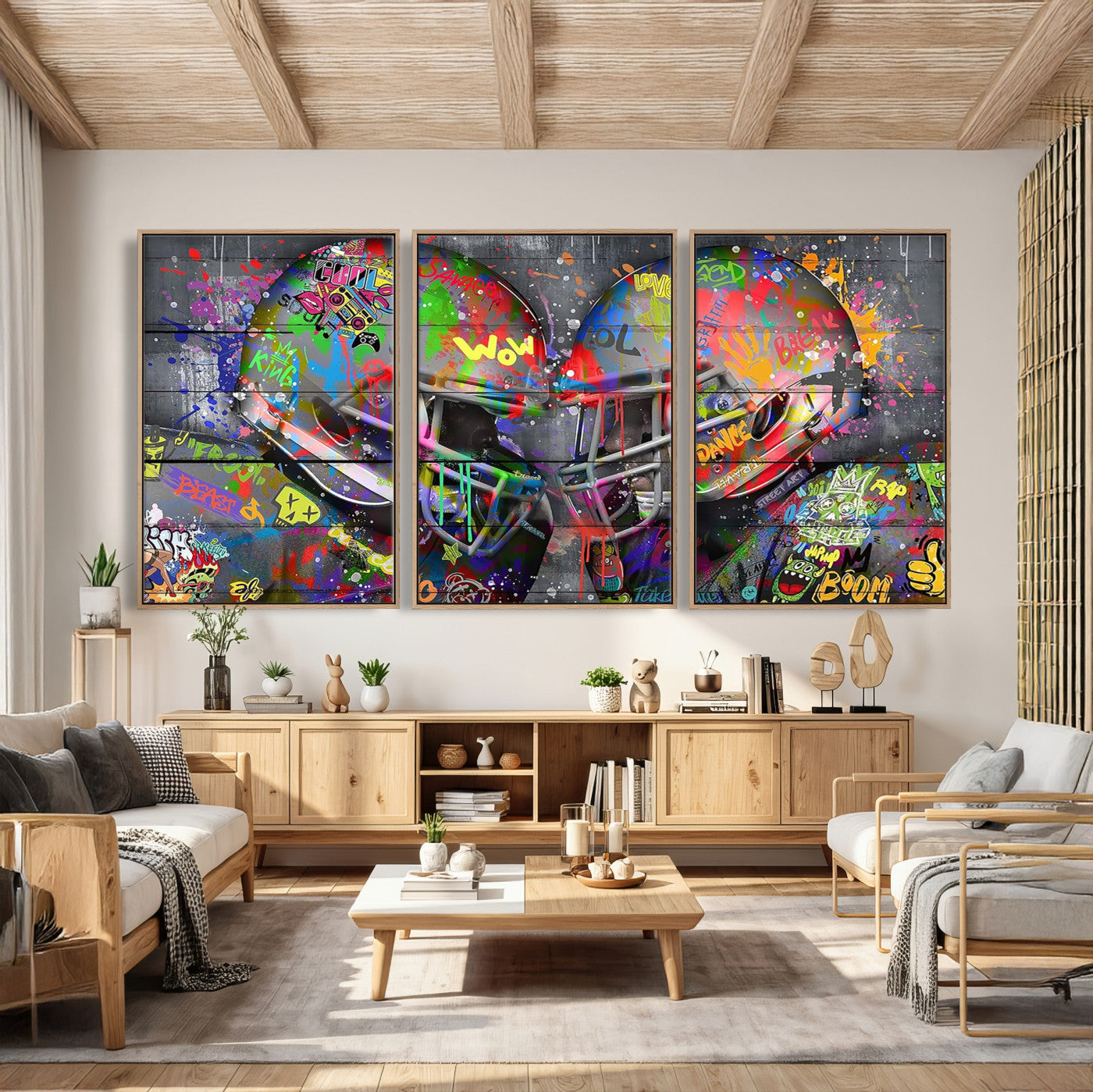 15309853-MGV-CV-36X24 - Graffiti Football Helmets Wall Art Canvas Print, Urban Street Art Sports Decor, Colorful American Football Graffiti Artwork