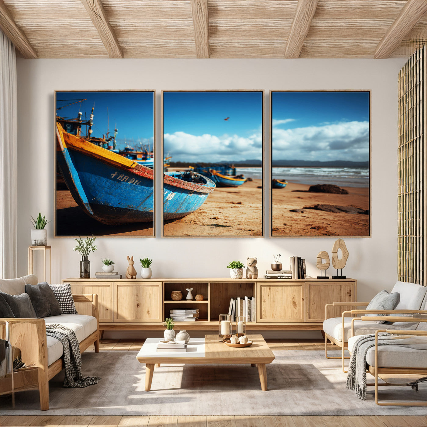 70925201-MGV-CV-36X24 - Fishing Boats Wall Art Canvas Print, Coastal Boat Beach Scene, Nautical Seaside Artwork, Ocean Shore Decor, Coastal Home Wall Art