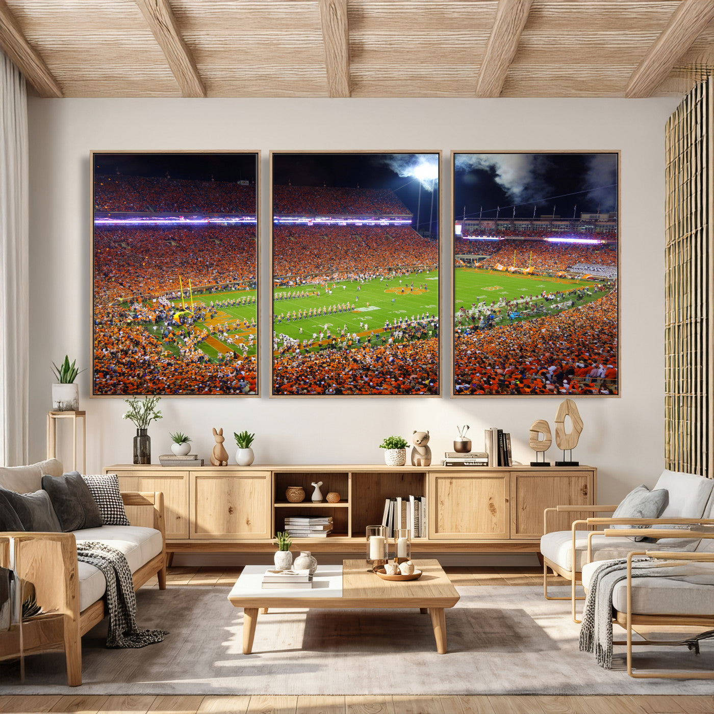 43662631-MGV-CV-36X24 - Clemson Football Stadium Wall Art Canvas Print, College Football Crowd Night Game Scene, Orange Stadium Panorama Wall Decor