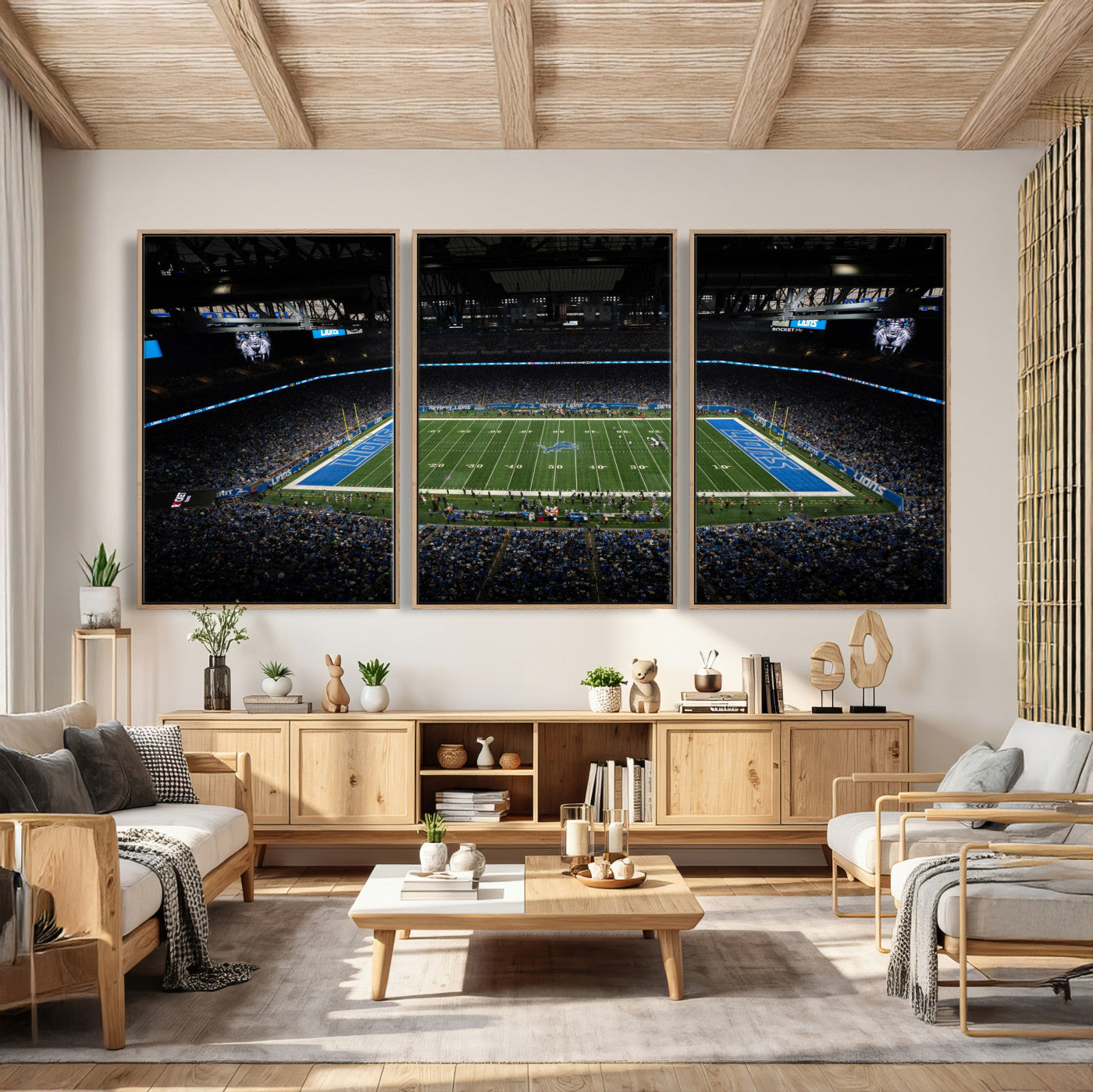 16709602-MGV-CV-36X24 - Detroit Lions Stadium Wall Art Canvas Print, Football Field Panorama Artwork, NFL Game Night Stadium Decor