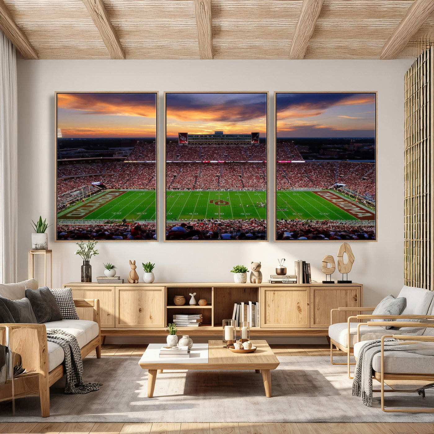 51457497-MGV-CV-36X24 - Oklahoma Sooners Stadium Wall Art Canvas Print, College Football Sunset Game Scene, OU Football Field Panorama Wall Decor