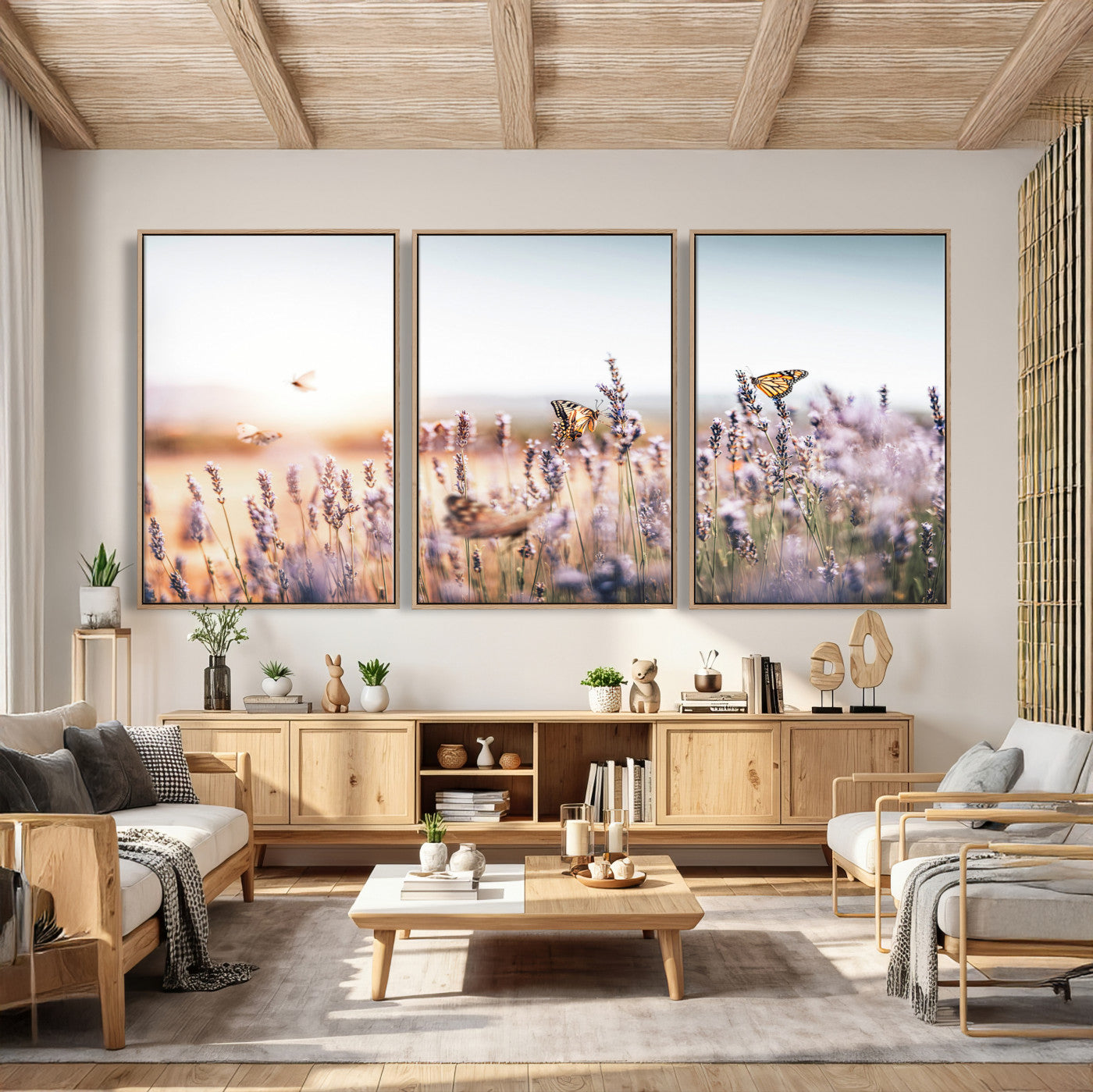 46417478-MGV-CV-36X24 - Lavender Field Wall Art Canvas Print, Butterfly Floral Landscape Art, Soft Nature Wall Decor for Bedroom