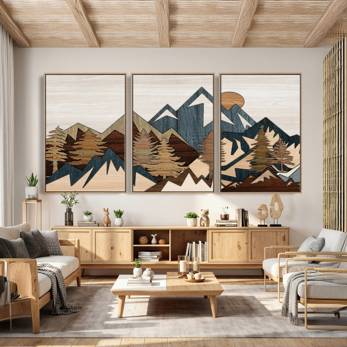 61833055-MGV-CV-36X24 - Mountain Forest Wall Art Canvas Print, Layered Wood Landscape Artwork, Rustic Nature Wall Decor for Living Room