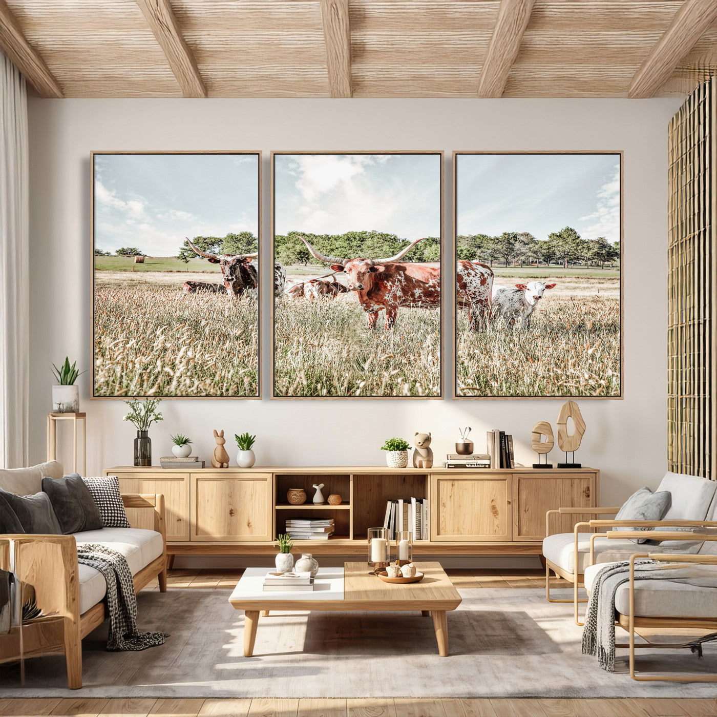 21823552-MGV-CV-36X24 - Texas Longhorn Cattle Wall Art Canvas Print, Rustic Ranch Landscape Artwork, Western Farm Field Scene, Country Prairie Animal Canvas Wall Art