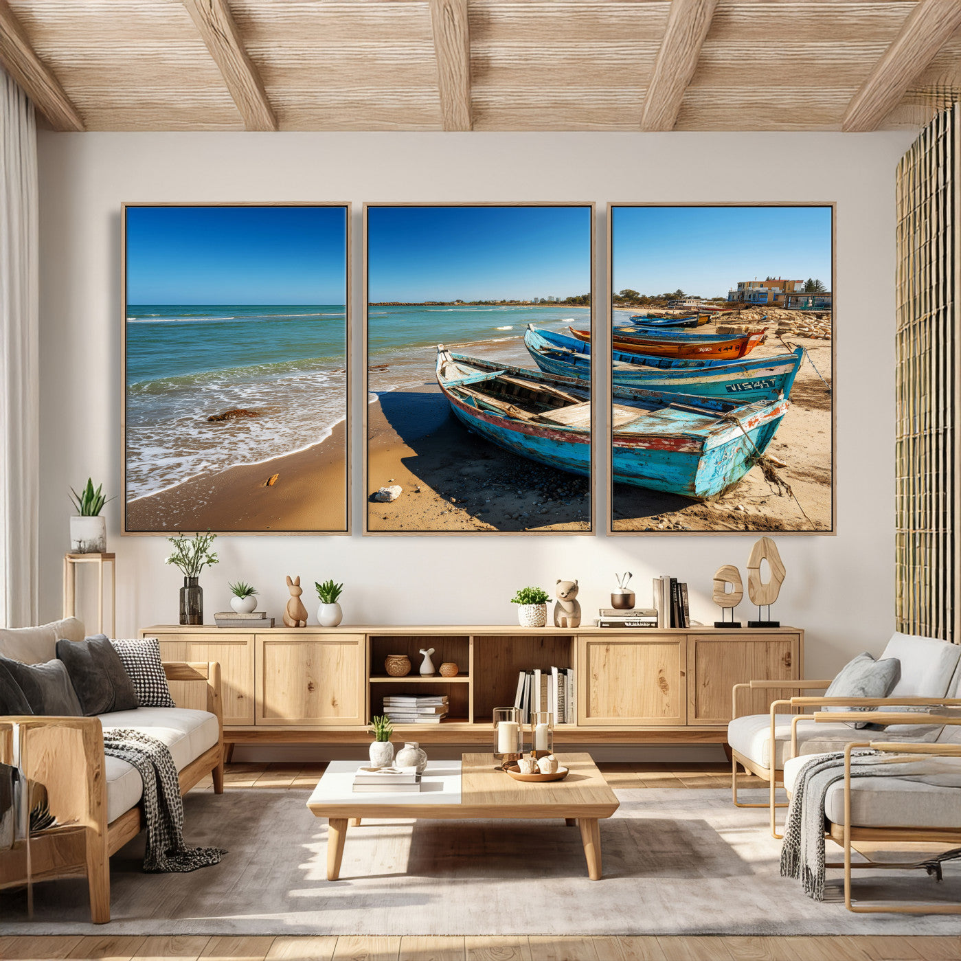 23003319-MGV-CV-36X24 - Coastal Fishing Boats Wall Art Canvas Print, Sunset Beach Boat Scene, Rustic Seaside Landscape Artwork, Calm Ocean Shore Wall Art