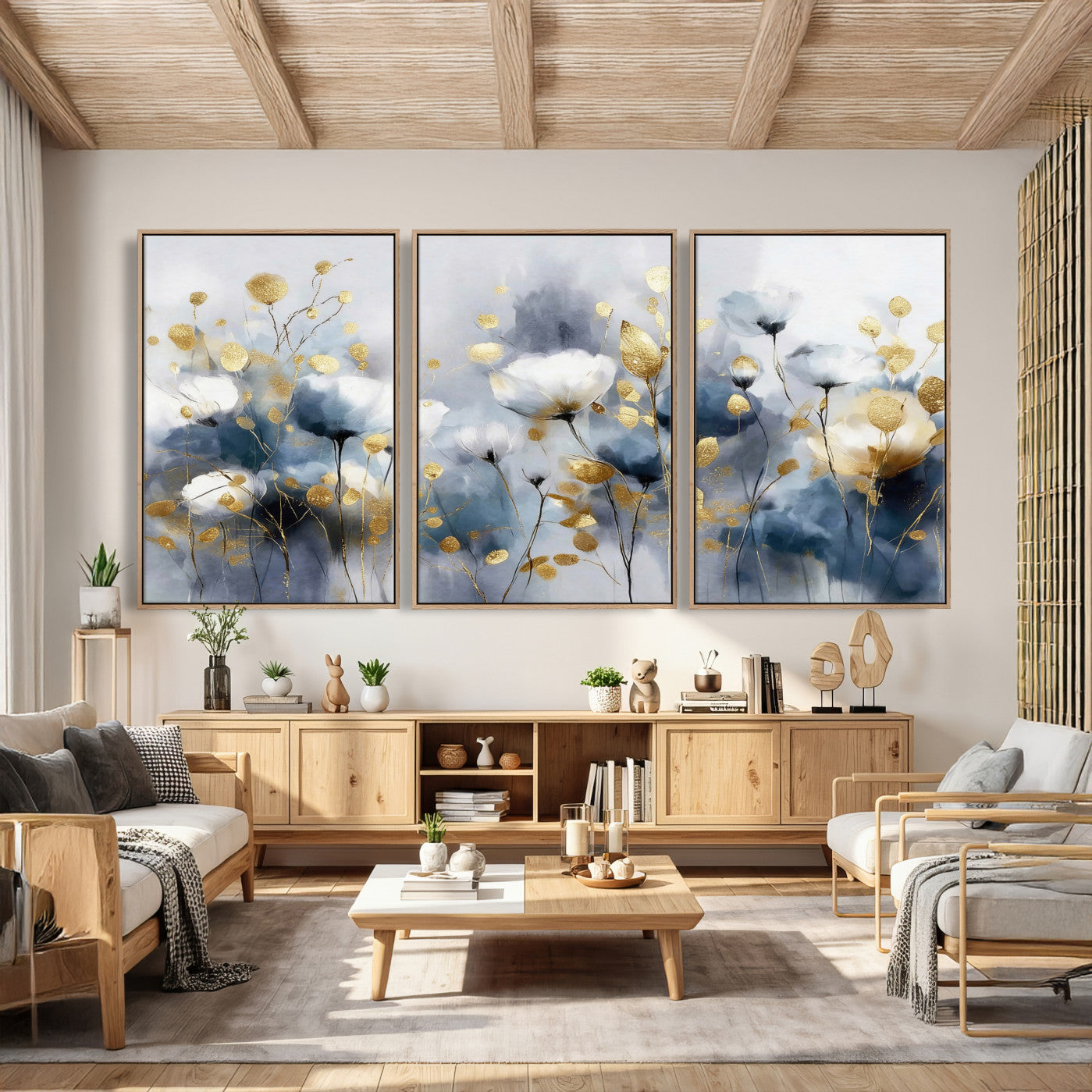 84358857-MGV-CV-36X24 - Large Abstract Flowers Wall Art Canvas Print – Gold and Blue Botanical Artwork for Living Room, Bedroom, and Office Decor