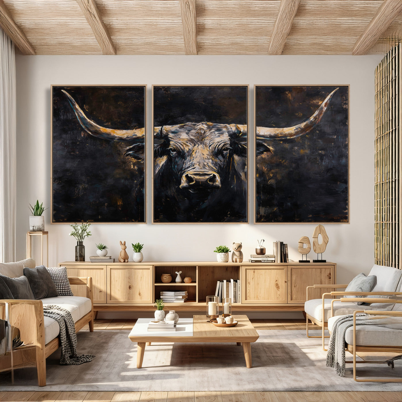 17622011-MGV-CV-36X24 - Abstract Longhorn Bull Wall Art Canvas Print – Dark Rustic Western Cattle Artwork for Farmhouse, Ranch, Cabin, and Office Decor