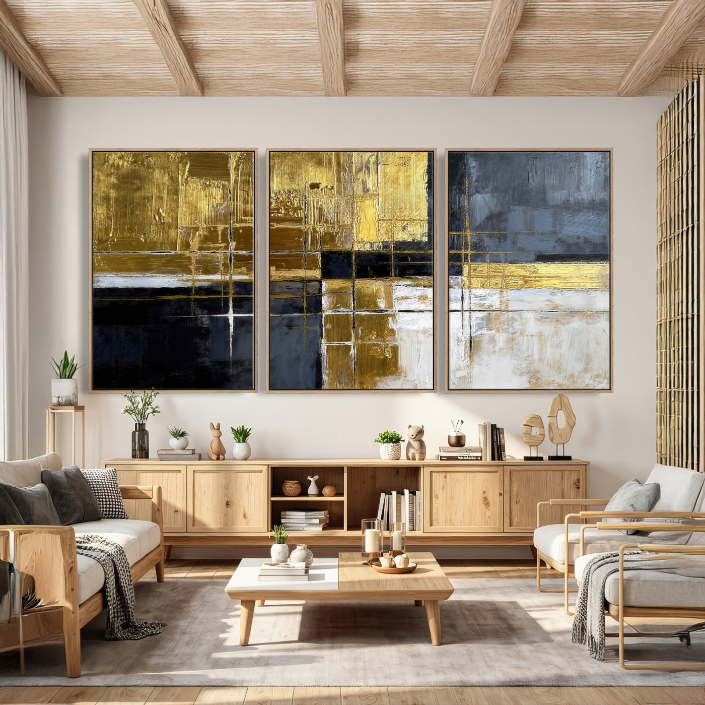 76917030-MGV-CV-36X24 - Gold Navy Abstract Wall Art Canvas Print, Modern Luxury Geometric Painting Wall Decor for Living Room and Office