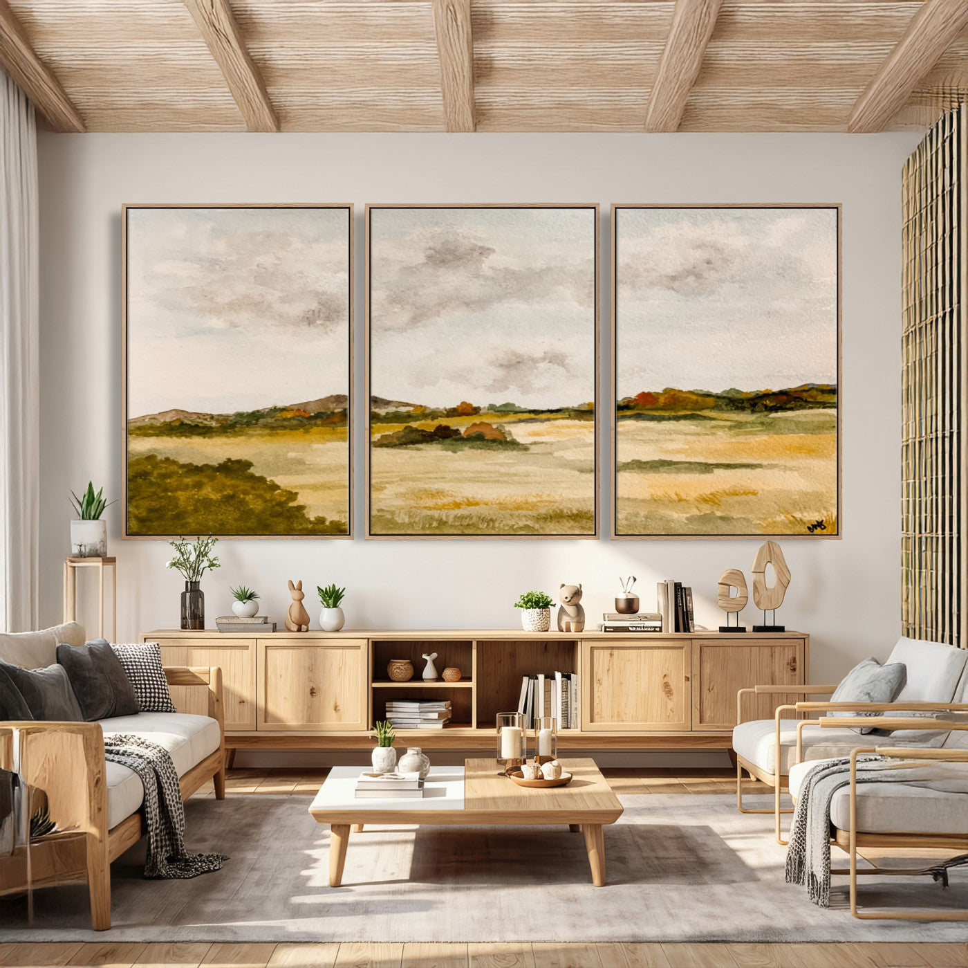 94151004-MGV-CV-36X24 - Watercolor Abstract Countryside Wall Art Canvas Print, Neutral Pastoral Landscape Painting Wall Decor for Modern Farmhouse Interiors