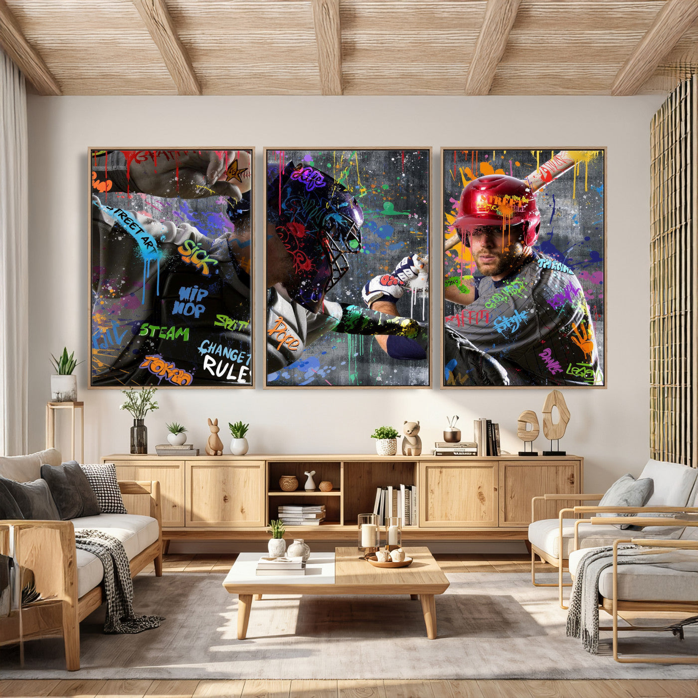 19634994-MGV-CV-36X24 - Graffiti Baseball Player Street Art Wall Art Canvas Print, Urban Sports Pop Art Baseball Canvas Print, Modern Athletic Graffiti Contemporary Art Printing