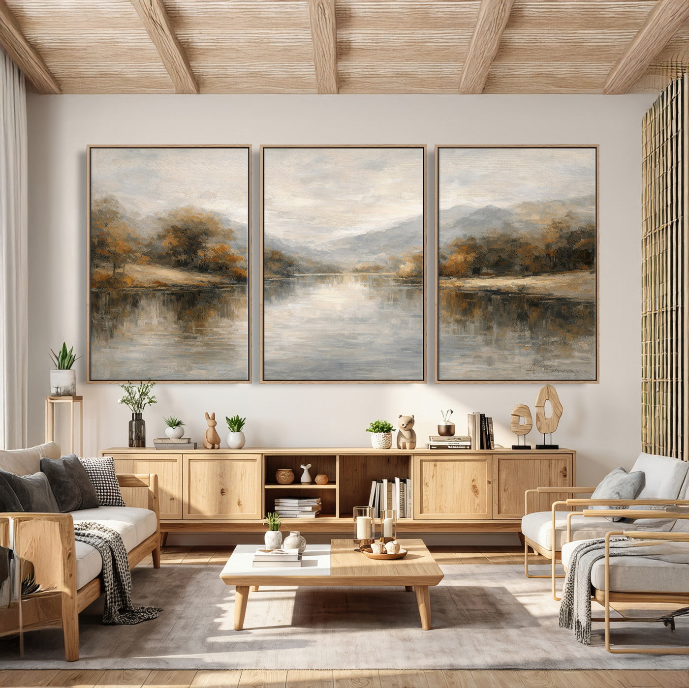 29251761-MGV-CV-36X24 - Neutral Abstract River Landscape Wall Art Canvas Print, Modern Minimal Nature Reflection Canvas Print, Beige Gray Contemporary Mountain Art Printing