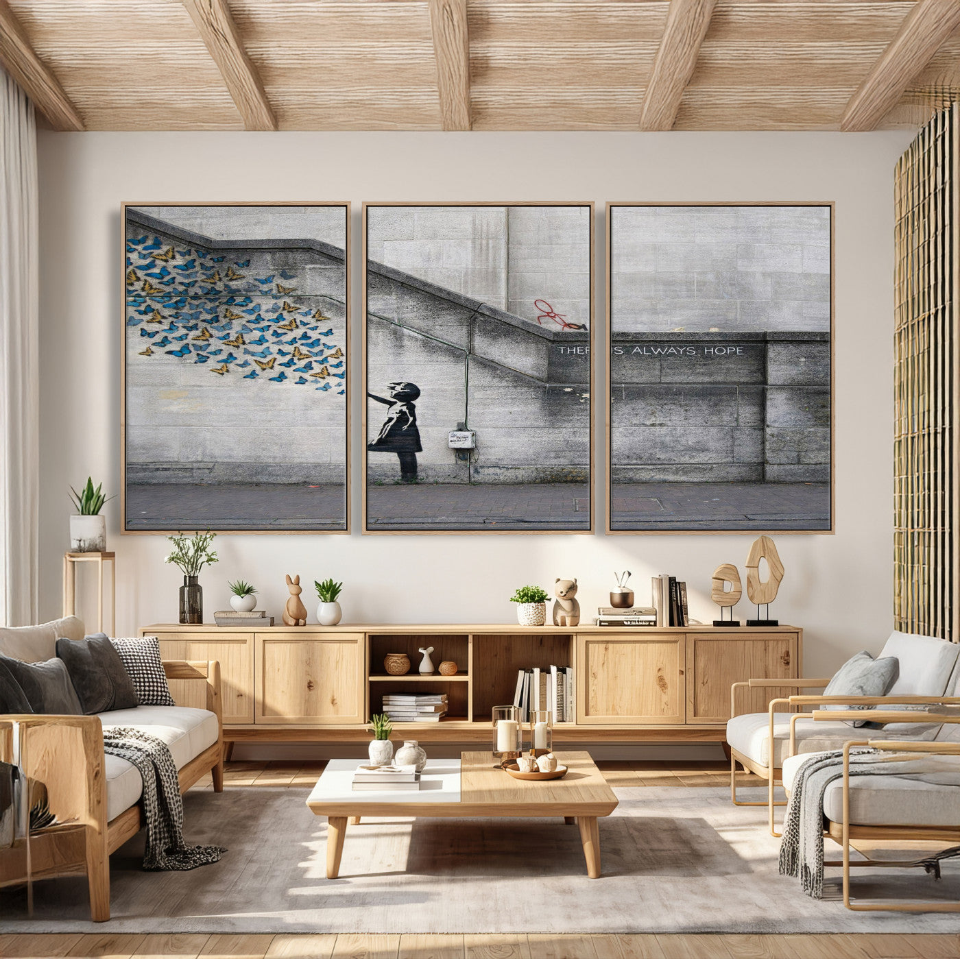 15274223-MGV-CV-36X24 - Banksy Girl with Butterflies Street Art Wall Art Canvas Print, Hope Graffiti Urban Art Canvas Print, Minimalist Inspirational Street Art Contemporary Art Printing