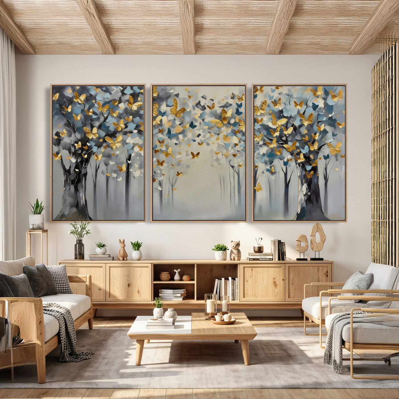 79208191-MGV-CV-36X24 - Golden Butterfly Tree Abstract Wall Art Canvas Print, Modern Elegant Nature Painting Canvas Print, Blue Gold Contemporary Floral Art Printing