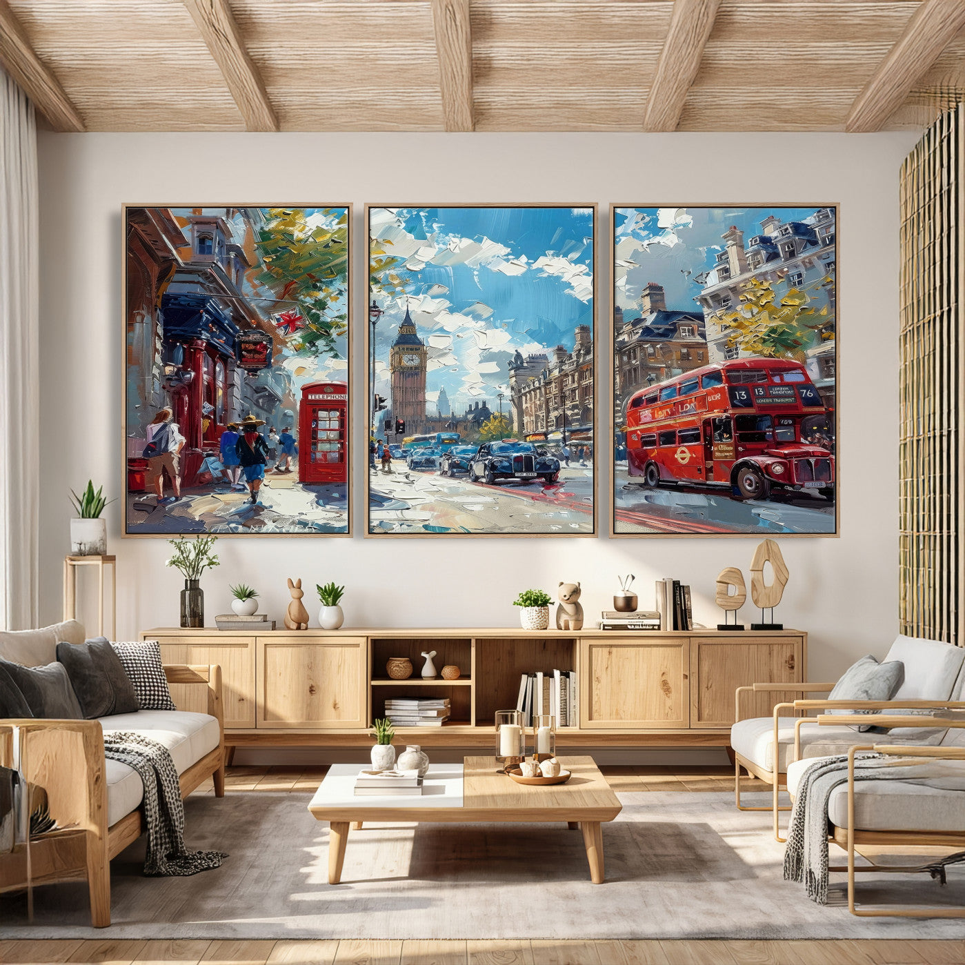 17630888-MGV-CV-36X24 - Modern London City Street Wall Art Canvas Print, Big Ben & Red Bus Artwork Canvas Print