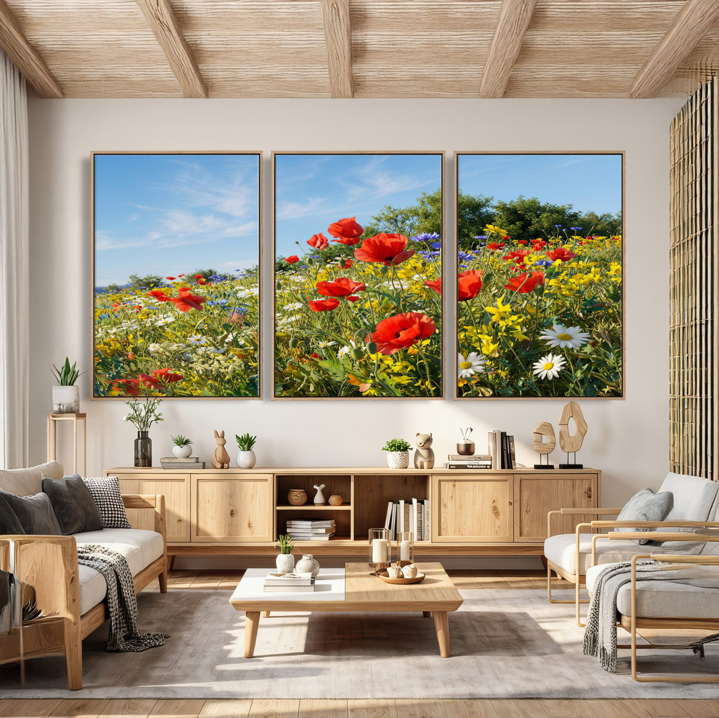 38570784-MGV-CV-36X24 - Wildflower Meadow Wall Art Canvas Print – Colorful Poppy and Daisy Field Landscape Artwork for Living Room Decor