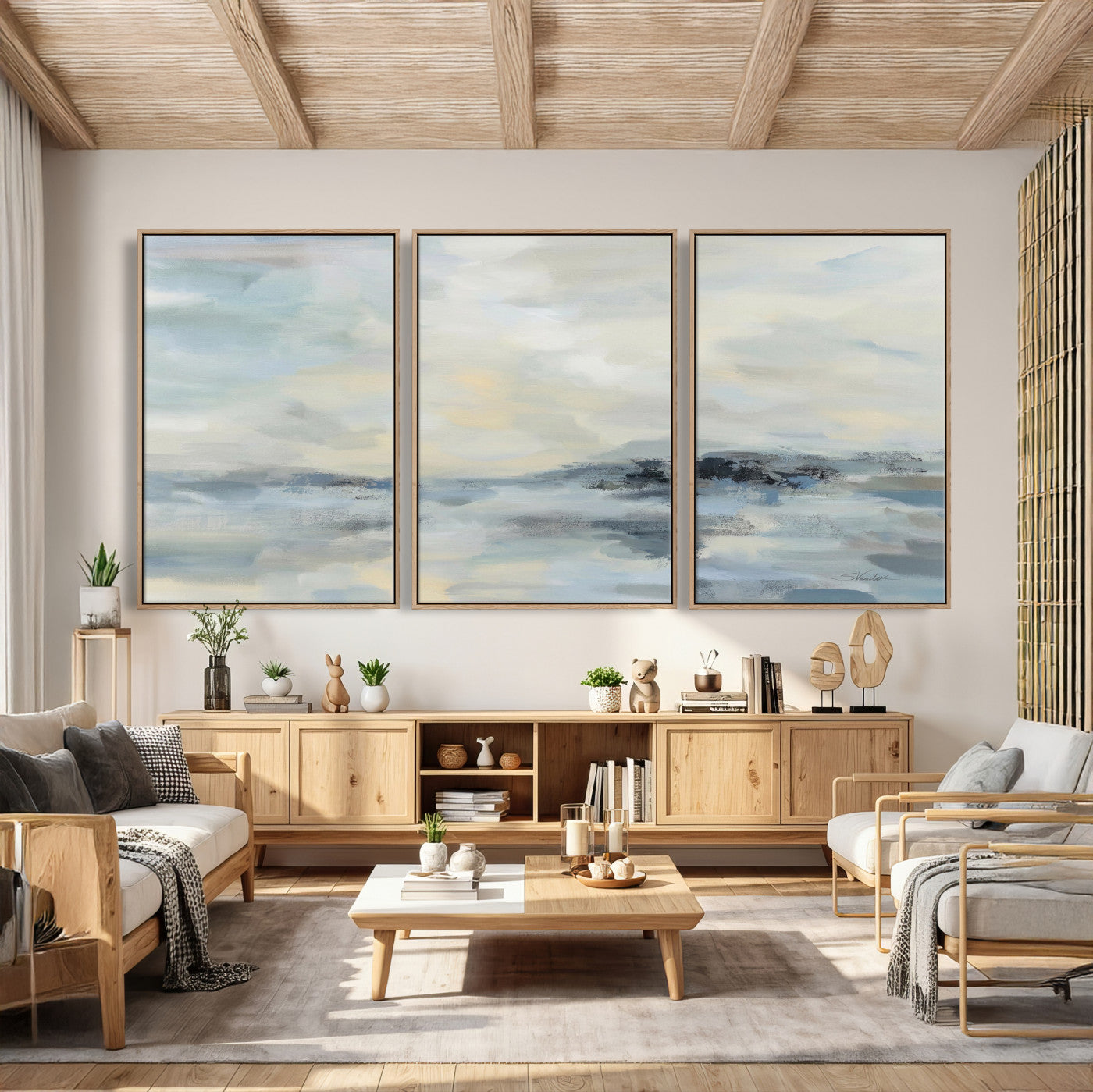 24647355-MGV-CV-36X24 - Abstract Coastal Landscape Wall Art Canvas Print – Soft Blue Gray Minimalist Painting