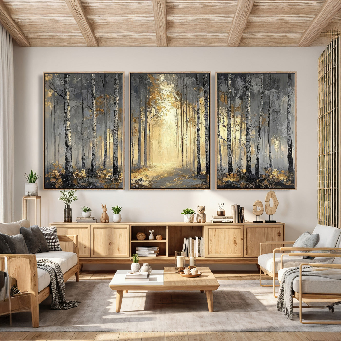41017042-MGV-CV-36X24 - Abstract Birch Forest Wall Art Canvas Print – Modern Neutral Woodland Landscape Artwork for Living Room Decor